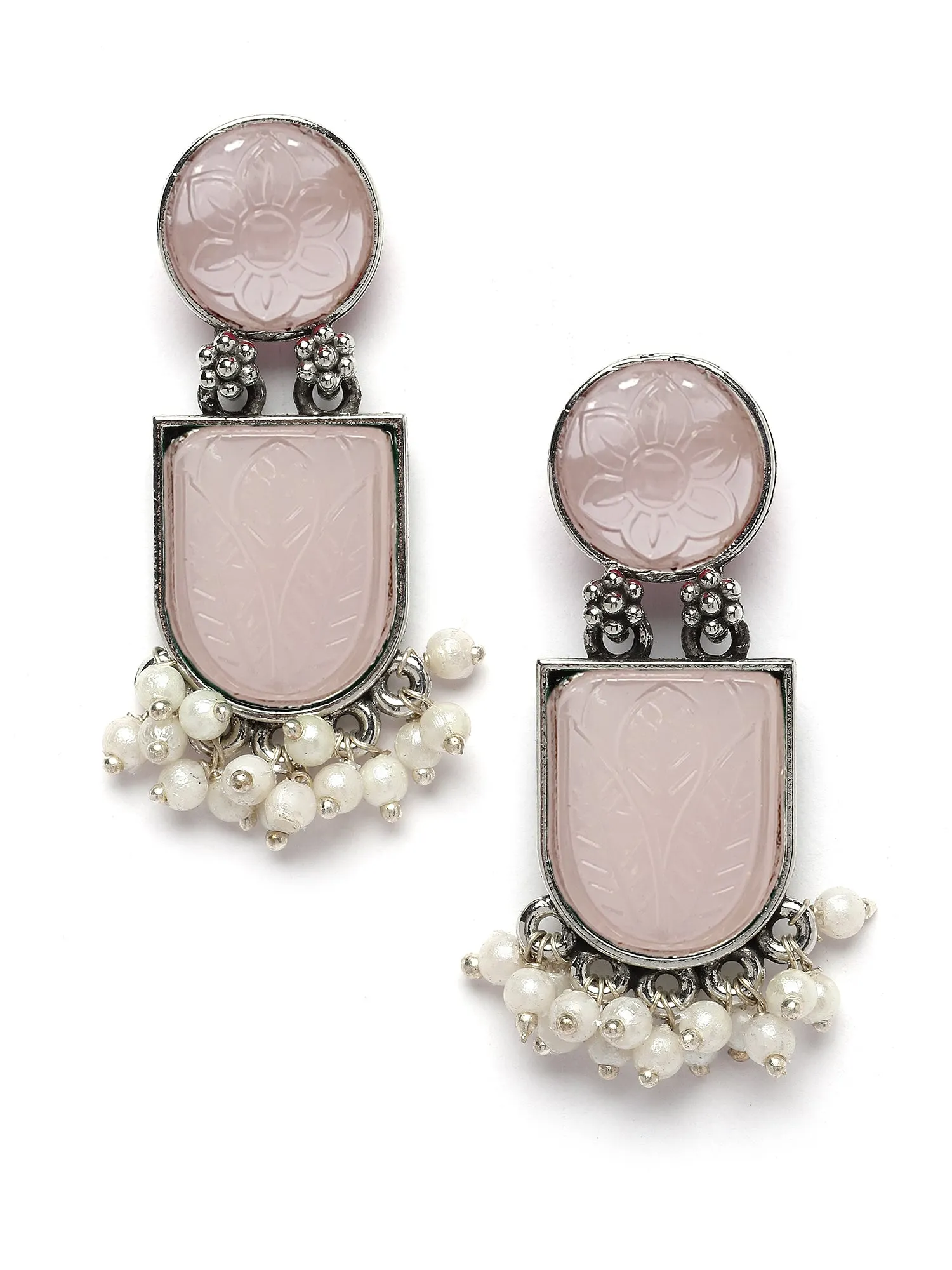 Karatcart Silver Tone Pink Carved Stone Studded Drop Earrings for Women