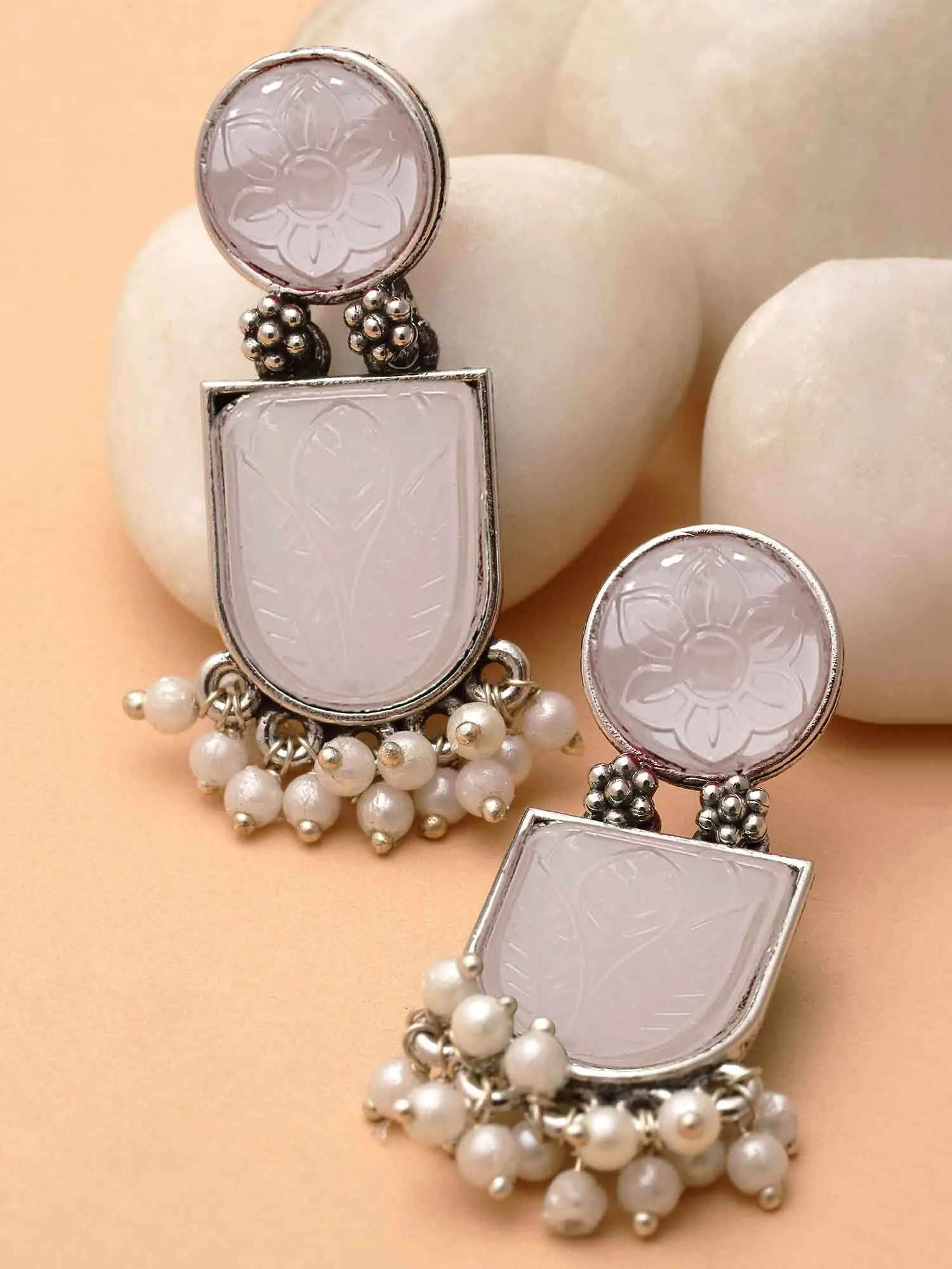 Karatcart Silver Tone Pink Carved Stone Studded Drop Earrings for Women
