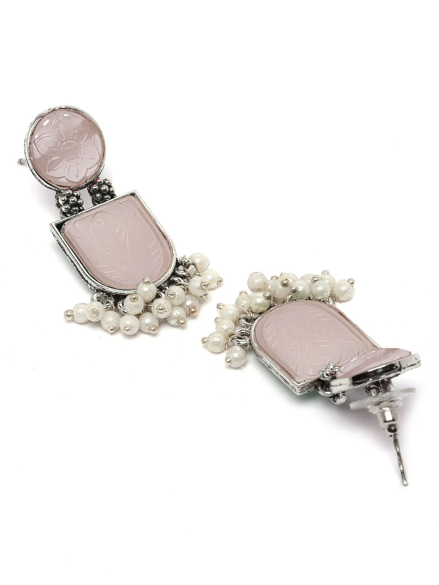 Karatcart Silver Tone Pink Carved Stone Studded Drop Earrings for Women