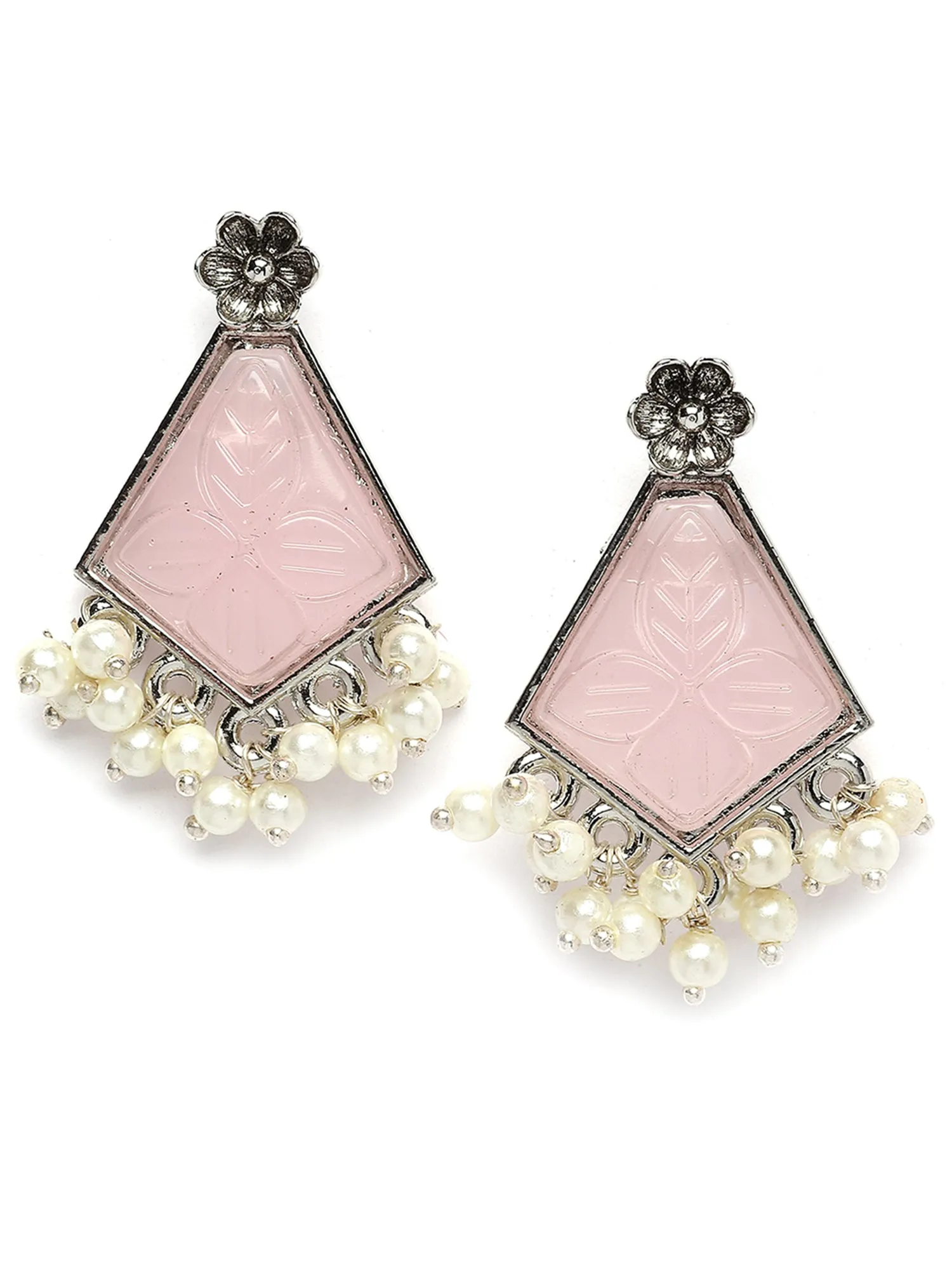 Karatcart Silver Tone Pink Carved Stone Studded Stud Earrings for Women