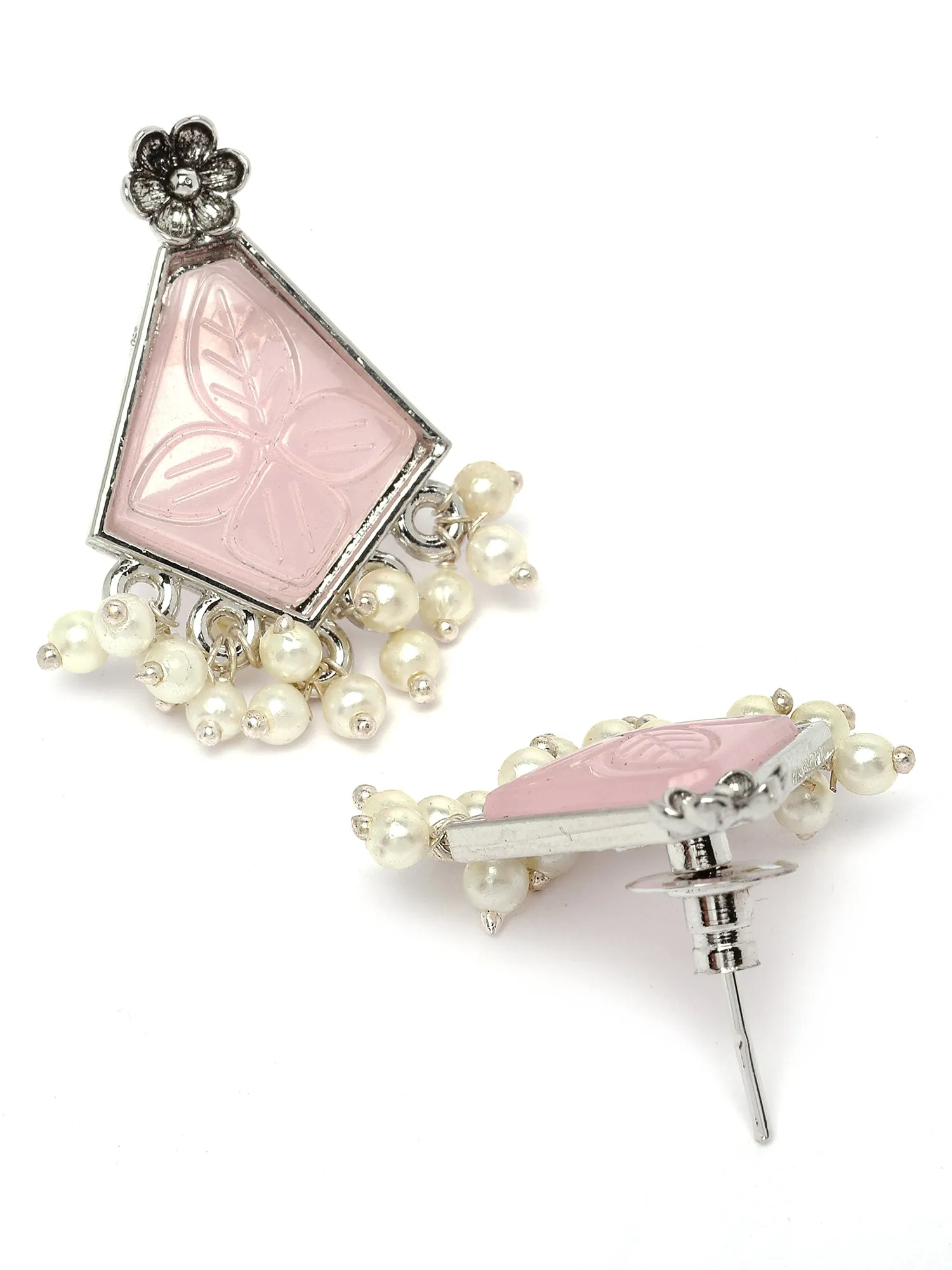 Karatcart Silver Tone Pink Carved Stone Studded Stud Earrings for Women