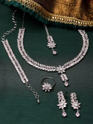 Karatcart Silver Tone Pink Cubic Zirconia Studded Jewellery Set for Women