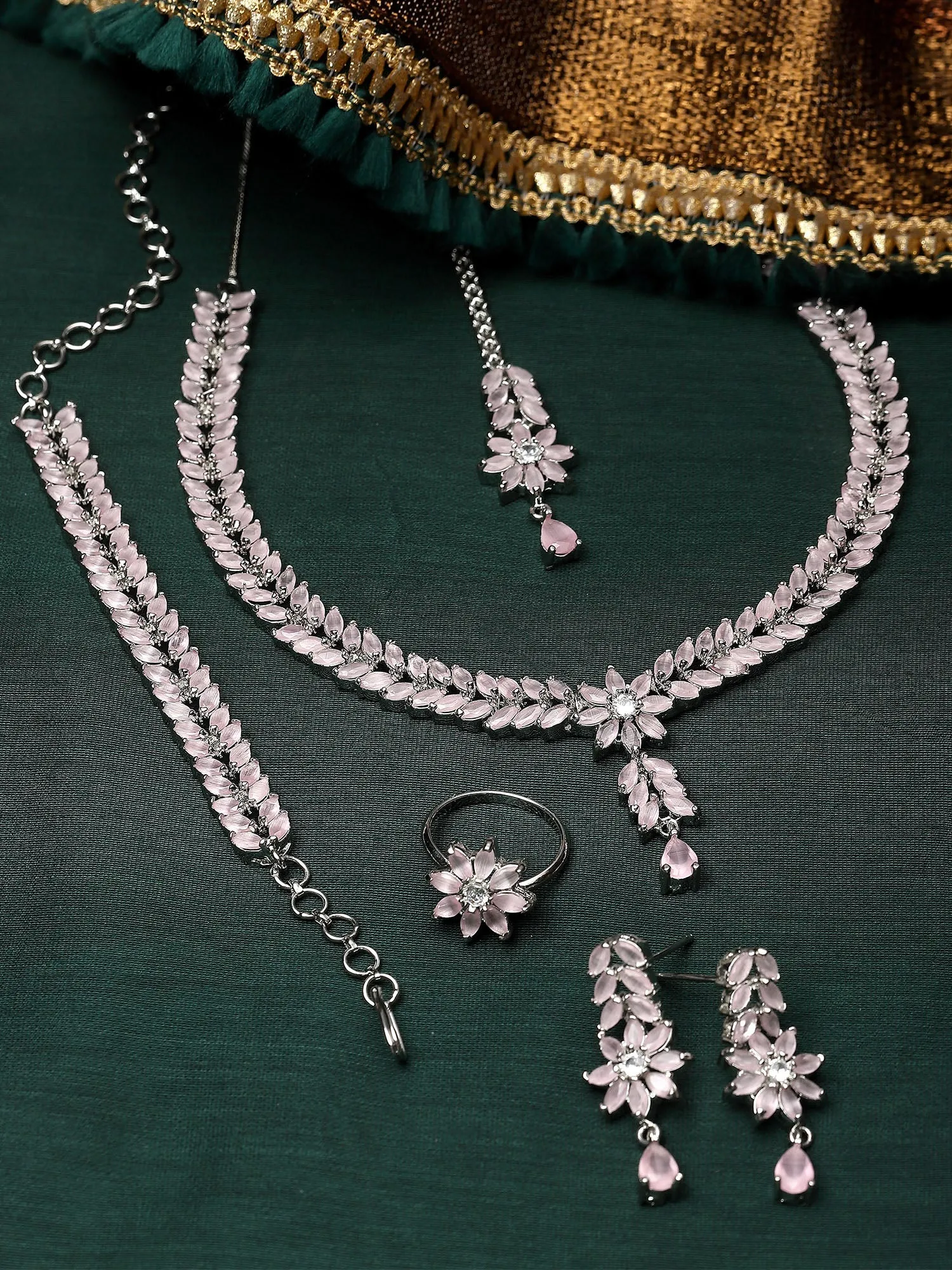 Karatcart Silver Tone Pink Cubic Zirconia Studded Jewellery Set for Women