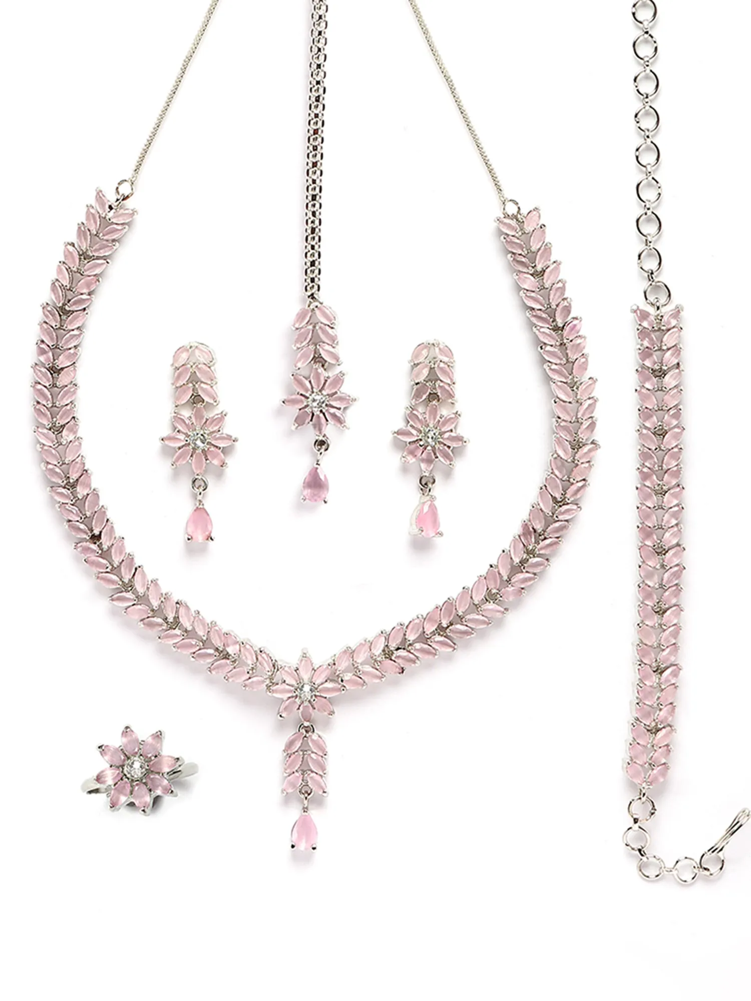 Karatcart Silver Tone Pink Cubic Zirconia Studded Jewellery Set for Women