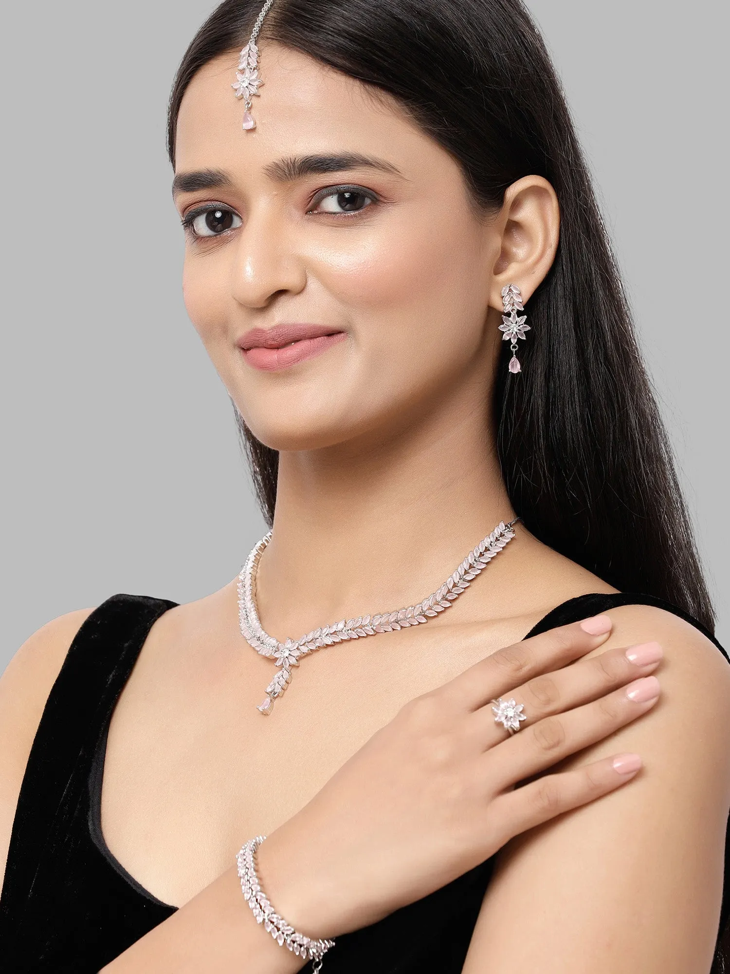 Karatcart Silver Tone Pink Cubic Zirconia Studded Jewellery Set for Women
