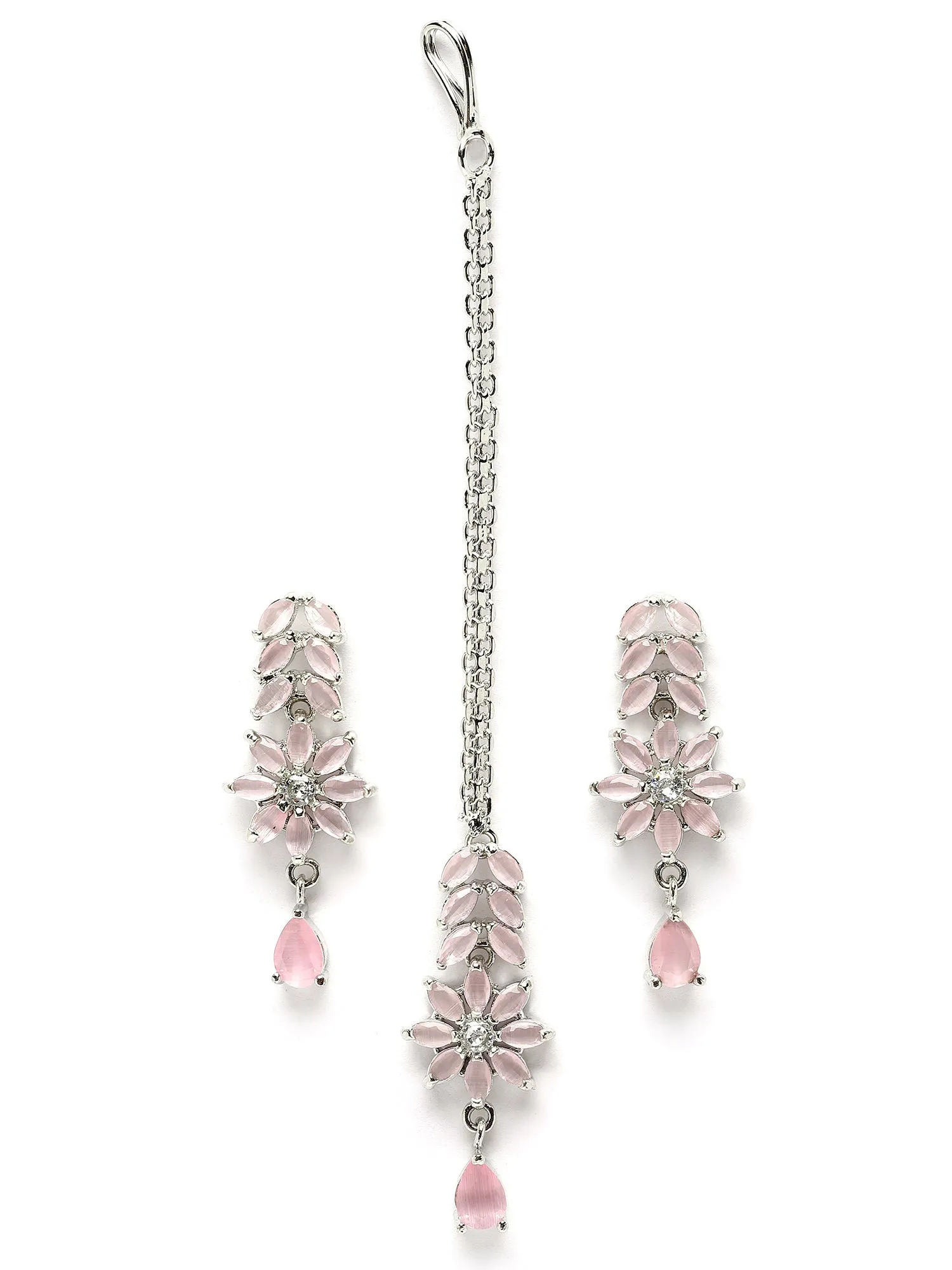 Karatcart Silver Tone Pink Cubic Zirconia Studded Jewellery Set for Women