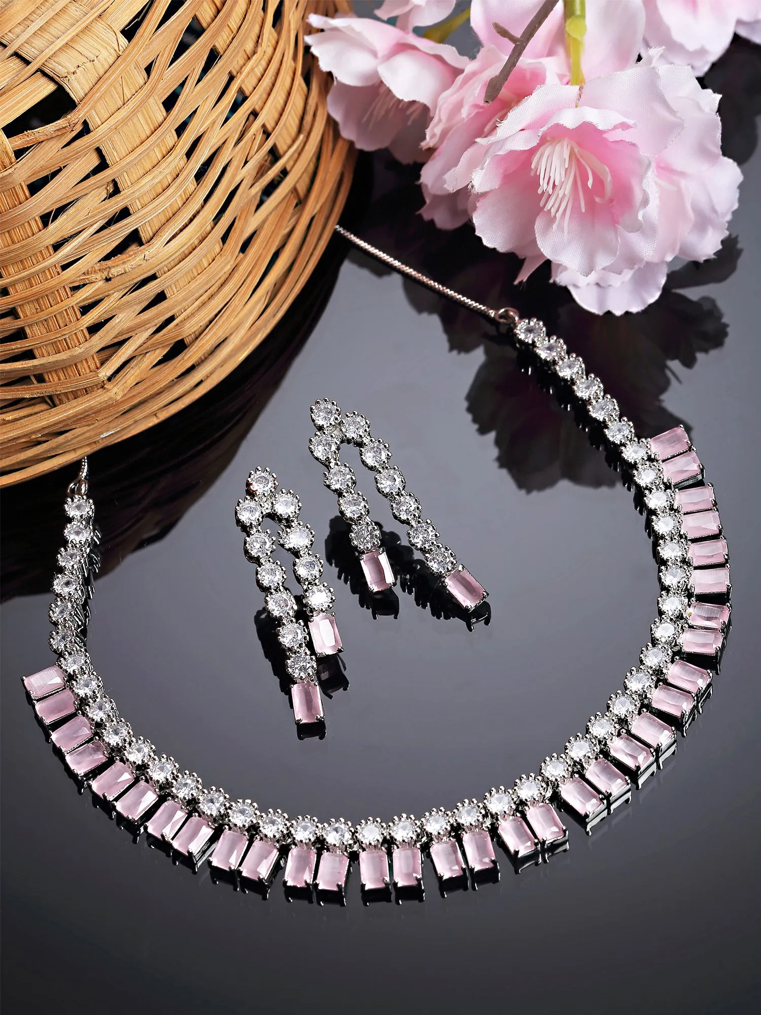 Karatcart Silver Tone Pink Cubic Zirconia Studded Necklace Set for Women