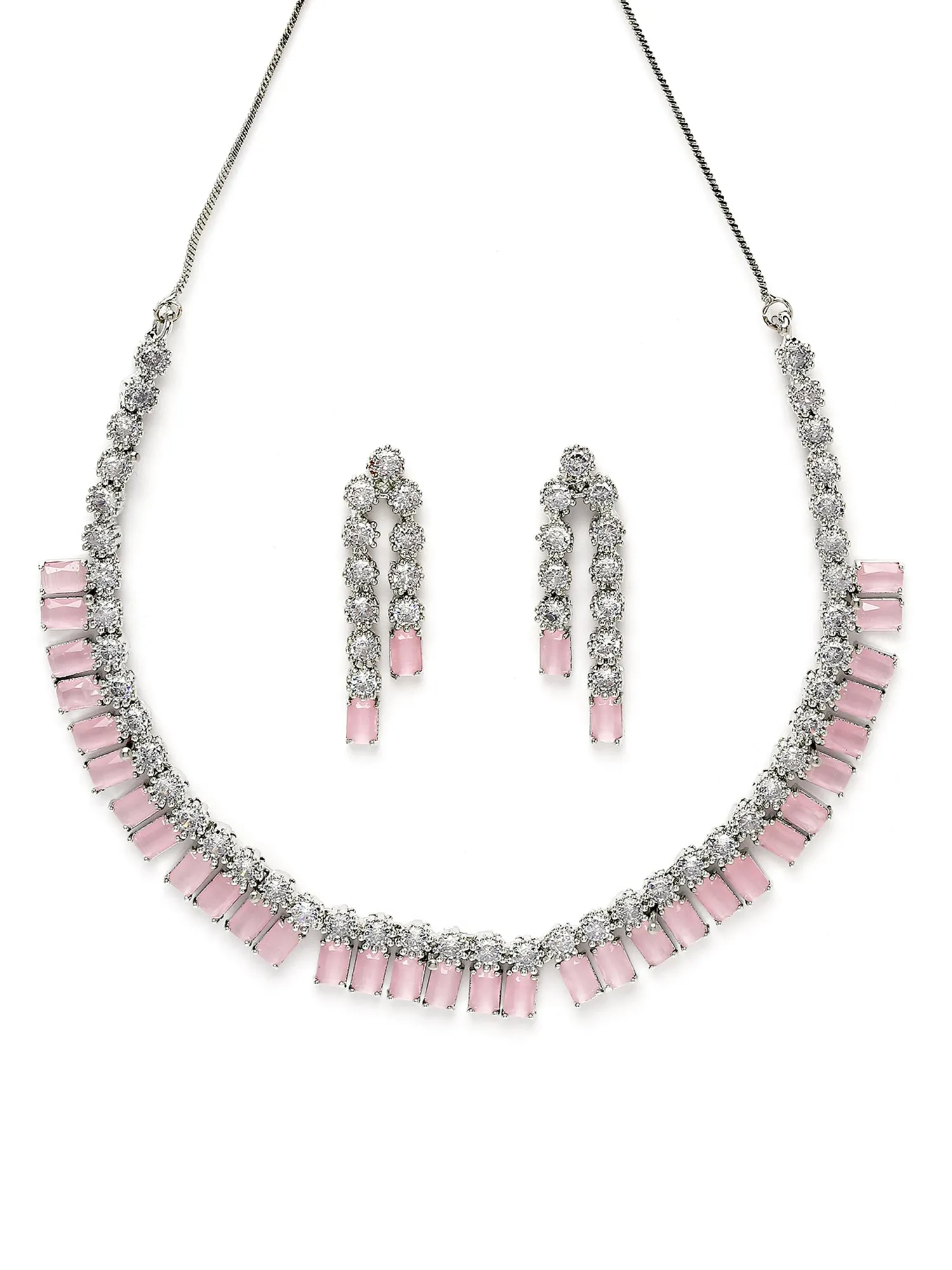 Karatcart Silver Tone Pink Cubic Zirconia Studded Necklace Set for Women