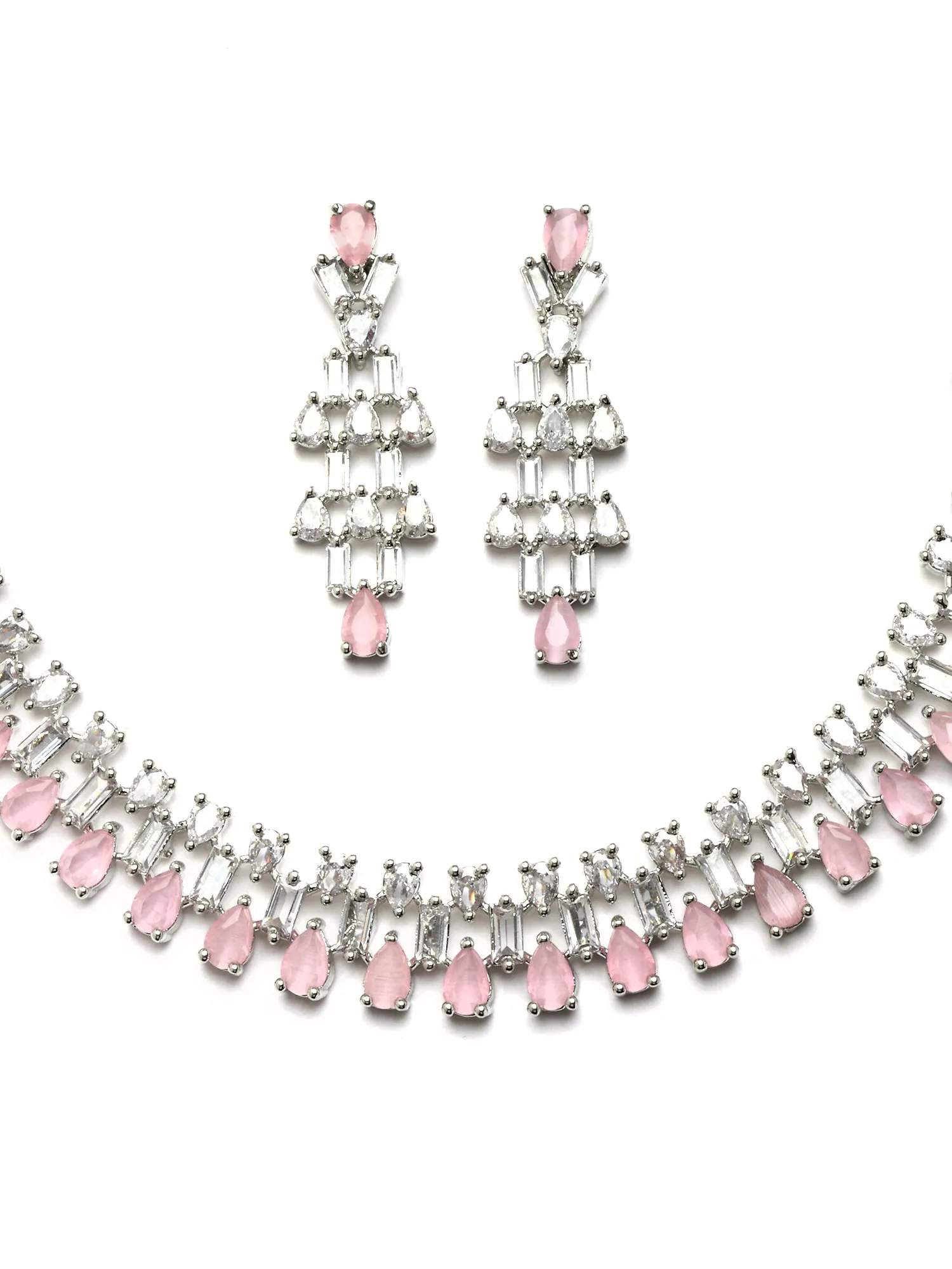 Karatcart Silver Tone Pink Cubic Zirconia Studded Necklace Set