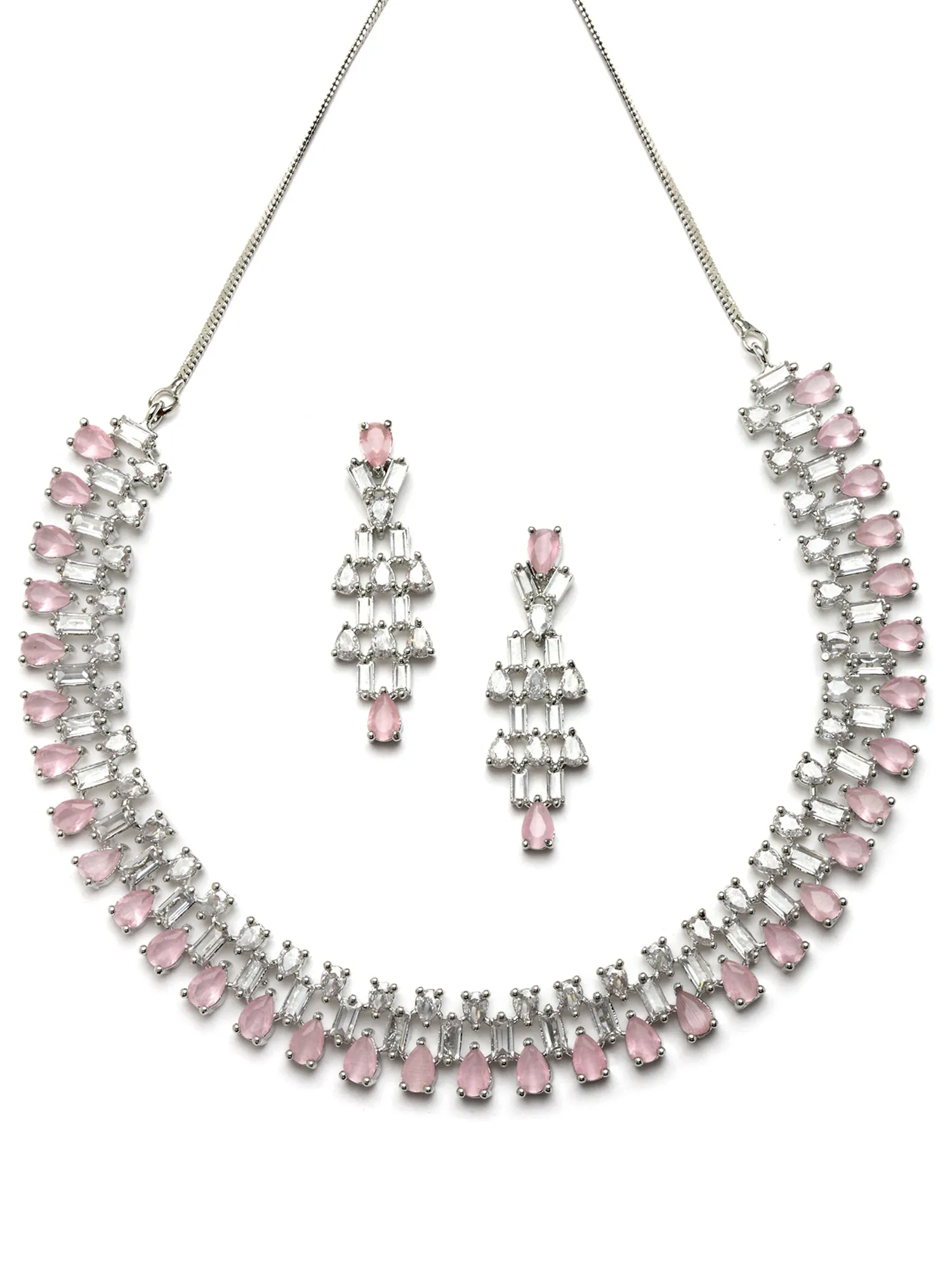 Karatcart Silver Tone Pink Cubic Zirconia Studded Necklace Set