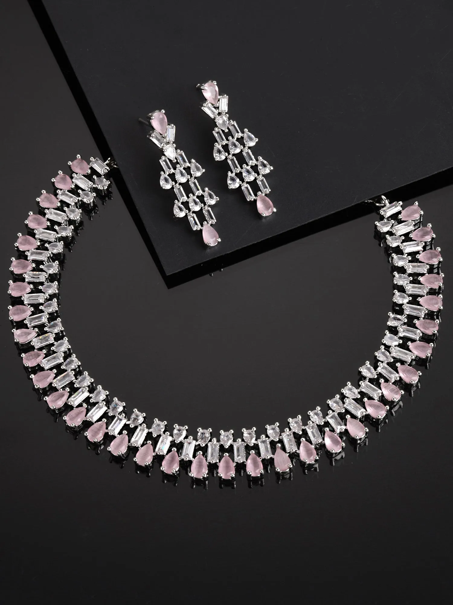 Karatcart Silver Tone Pink Cubic Zirconia Studded Necklace Set