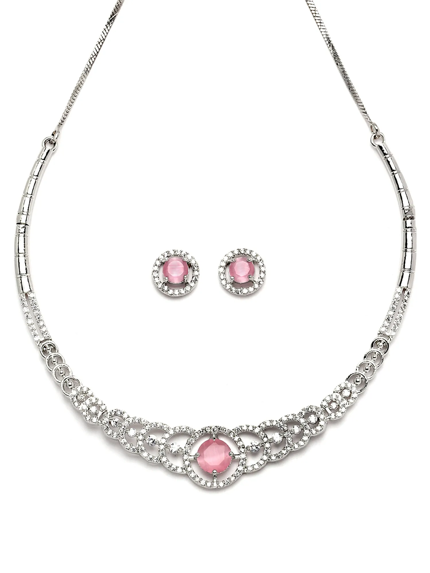 Karatcart Silver Tone Pink CZ Necklace Set