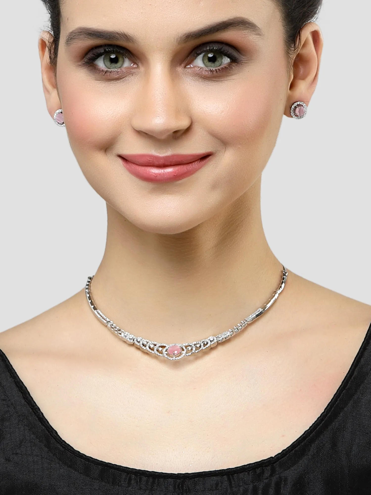 Karatcart Silver Tone Pink CZ Necklace Set
