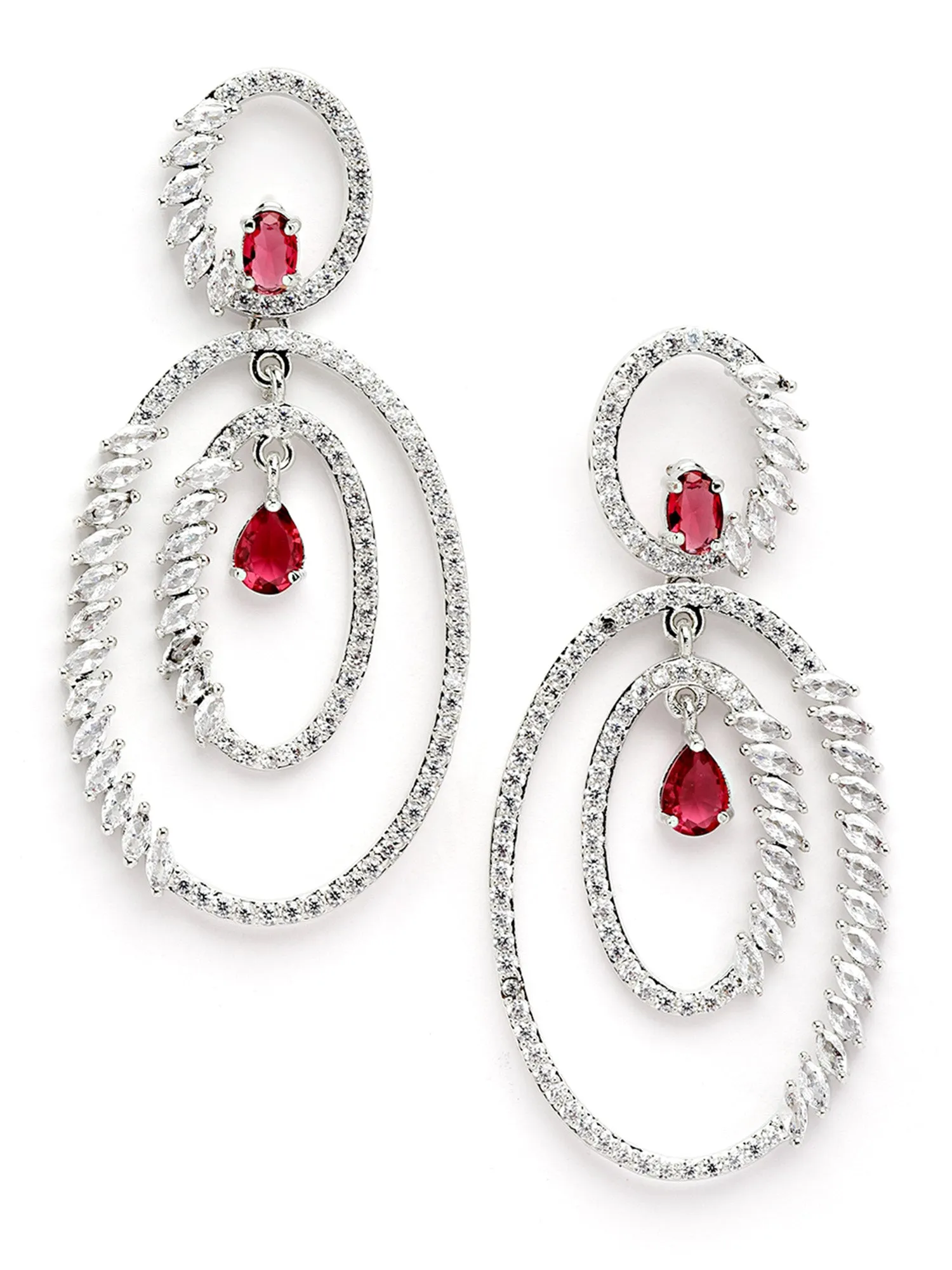 Karatcart Silver Tone Red Cubic Zirconia Studded Dangler Earrings for Women