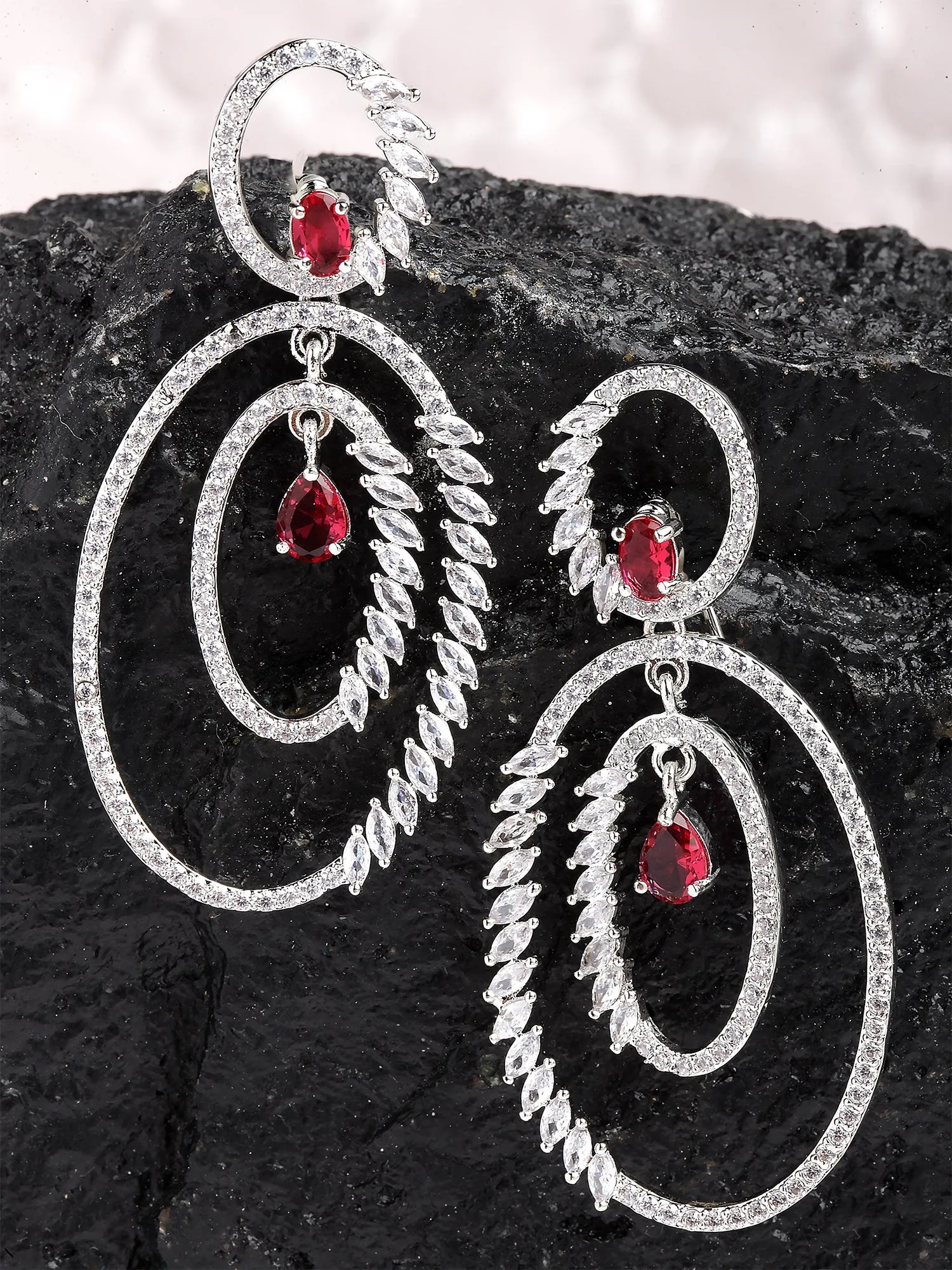 Karatcart Silver Tone Red Cubic Zirconia Studded Dangler Earrings for Women