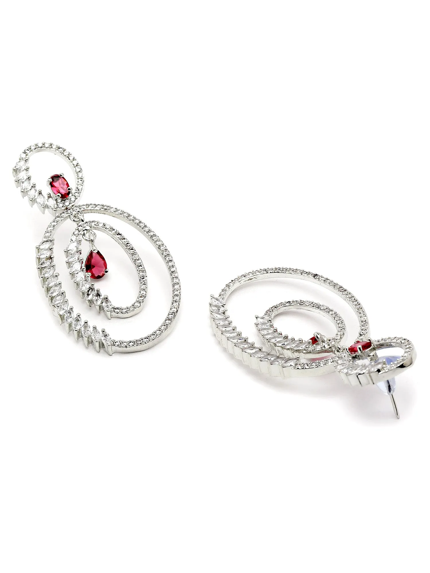 Karatcart Silver Tone Red Cubic Zirconia Studded Dangler Earrings for Women