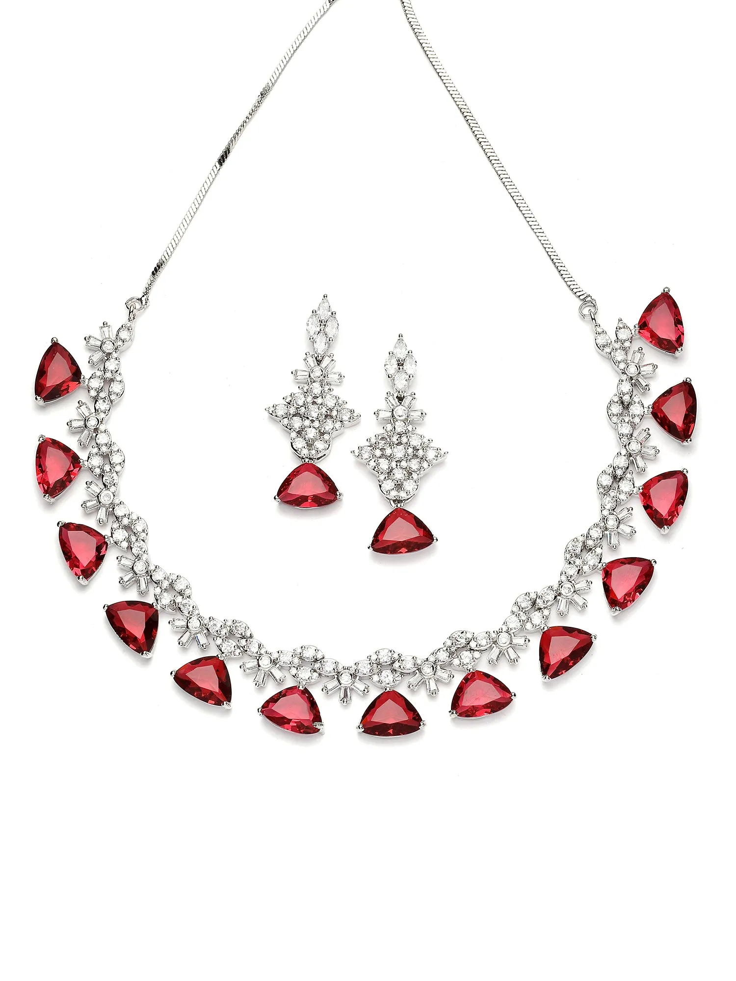 Karatcart Silver Tone Red Triangular Shape Cubic Zirconia Necklace Set for Women