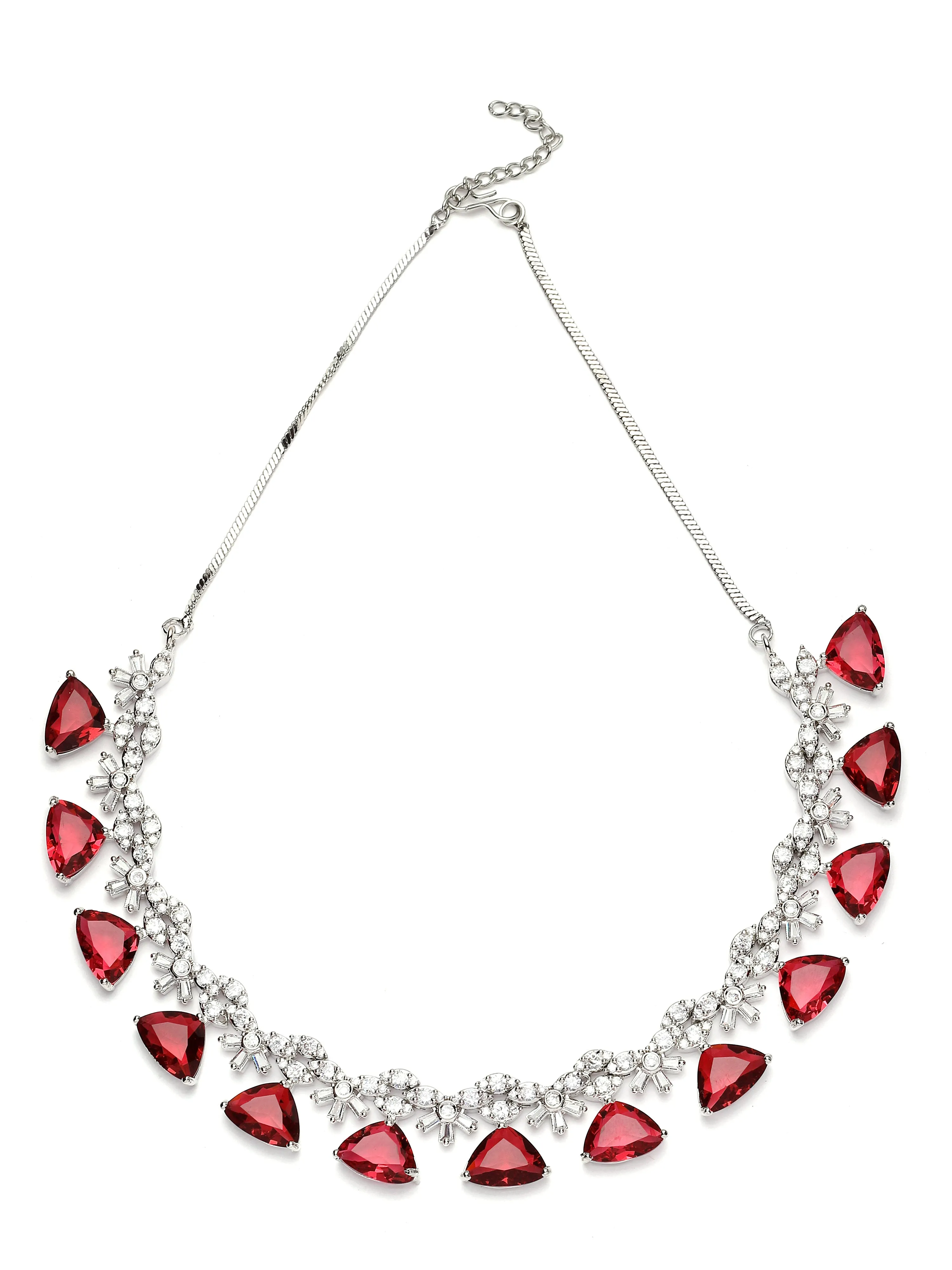 Karatcart Silver Tone Red Triangular Shape Cubic Zirconia Necklace Set for Women