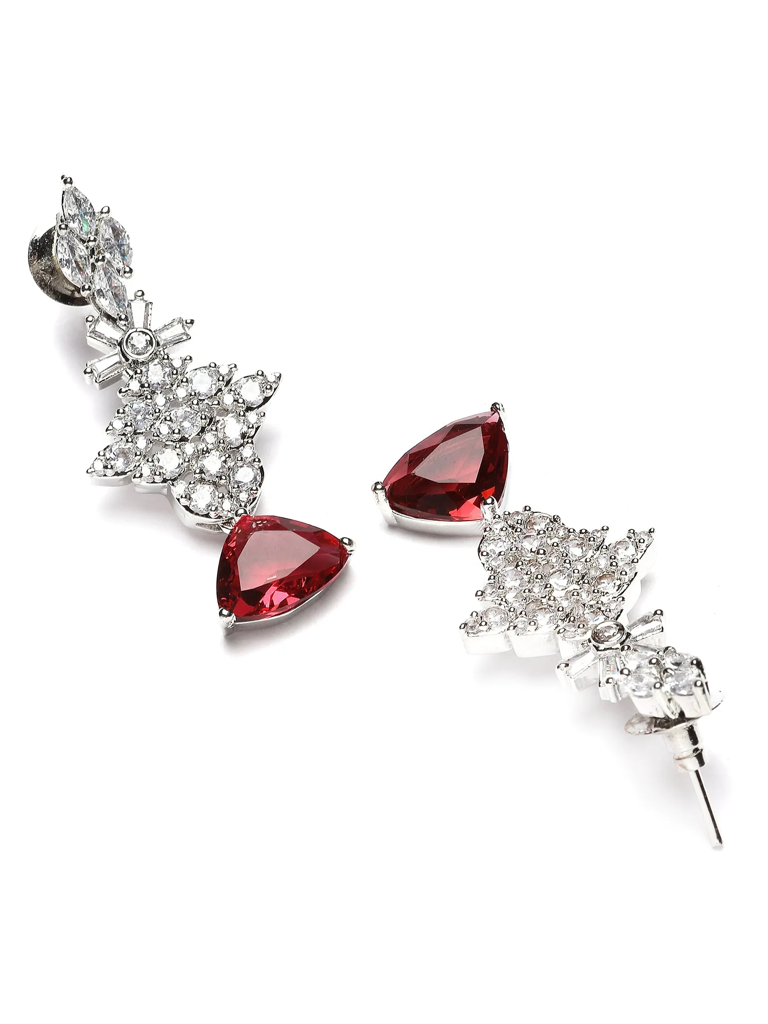 Karatcart Silver Tone Red Triangular Shape Cubic Zirconia Necklace Set for Women
