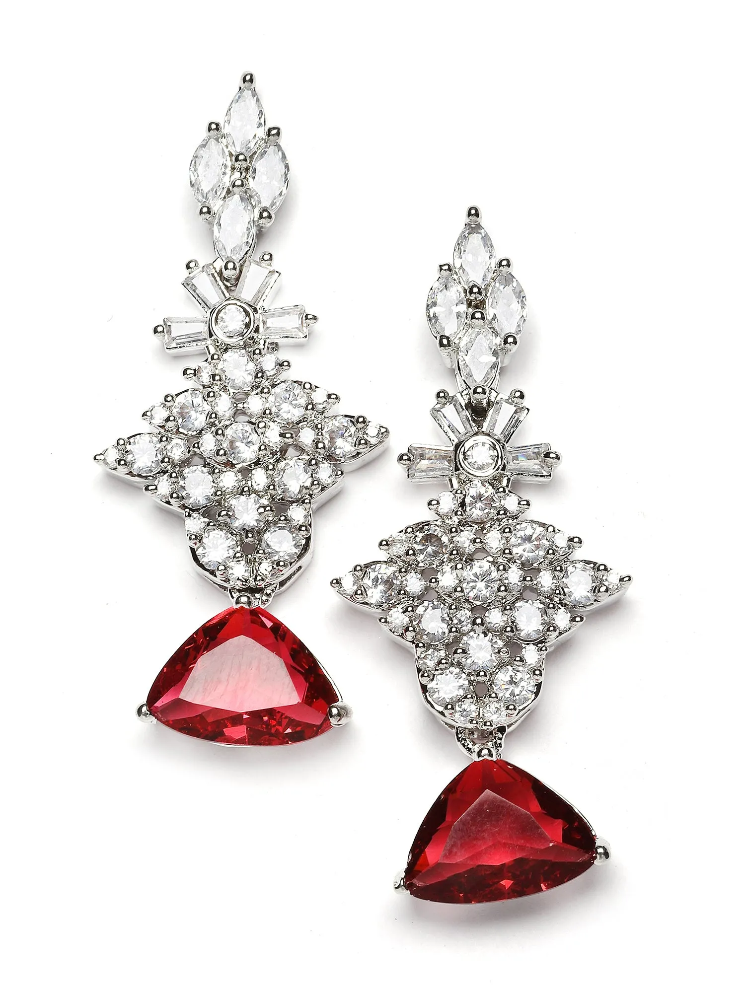 Karatcart Silver Tone Red Triangular Shape Cubic Zirconia Necklace Set for Women