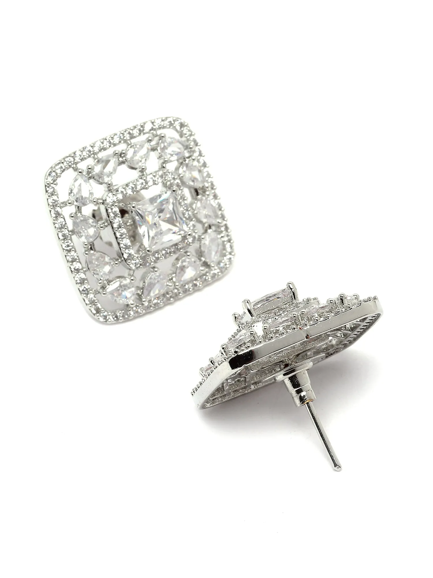 Karatcart Silver Tone Square Cubic Zirconia Stud Earrings for Women