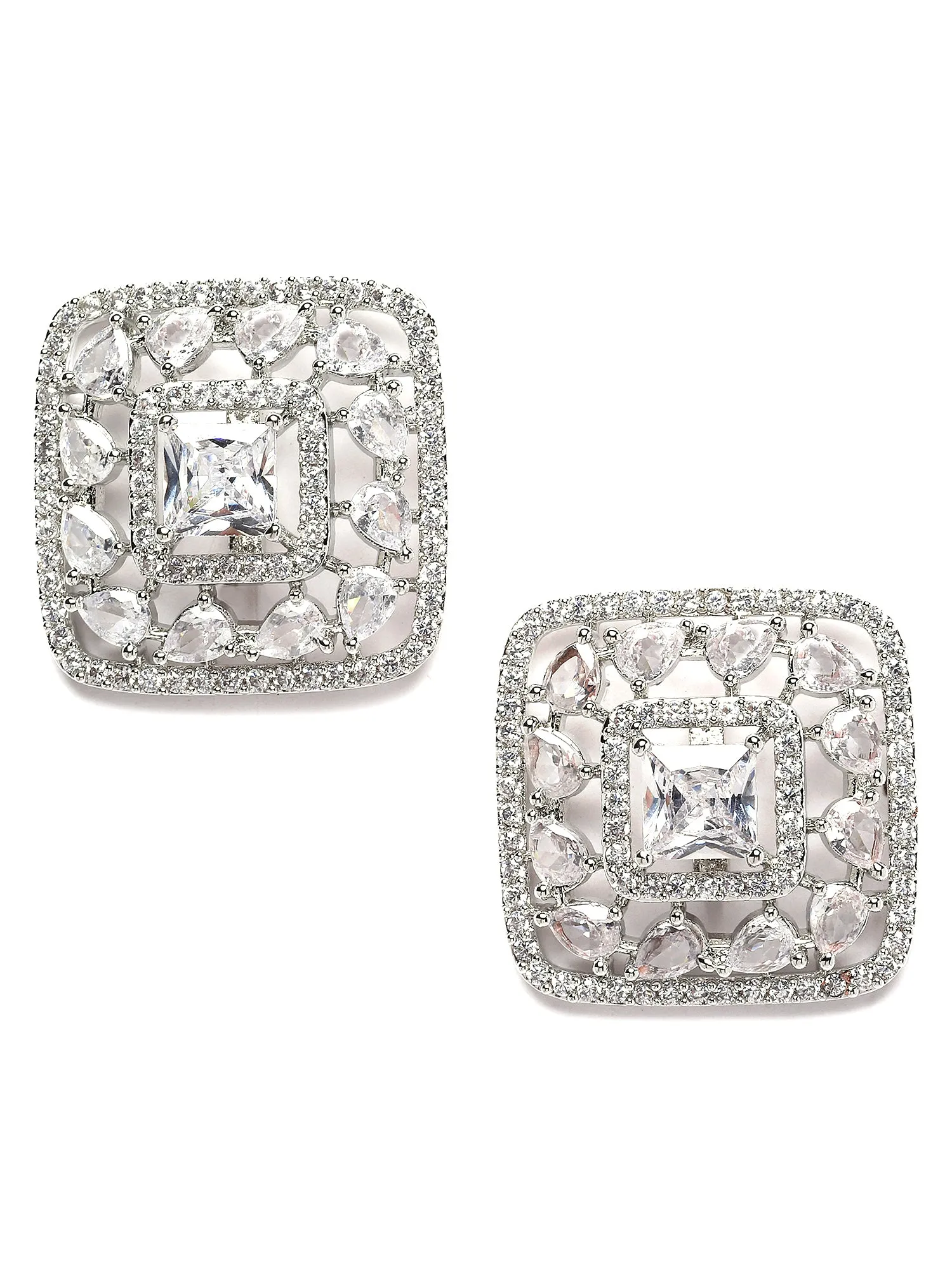 Karatcart Silver Tone Square Cubic Zirconia Stud Earrings for Women