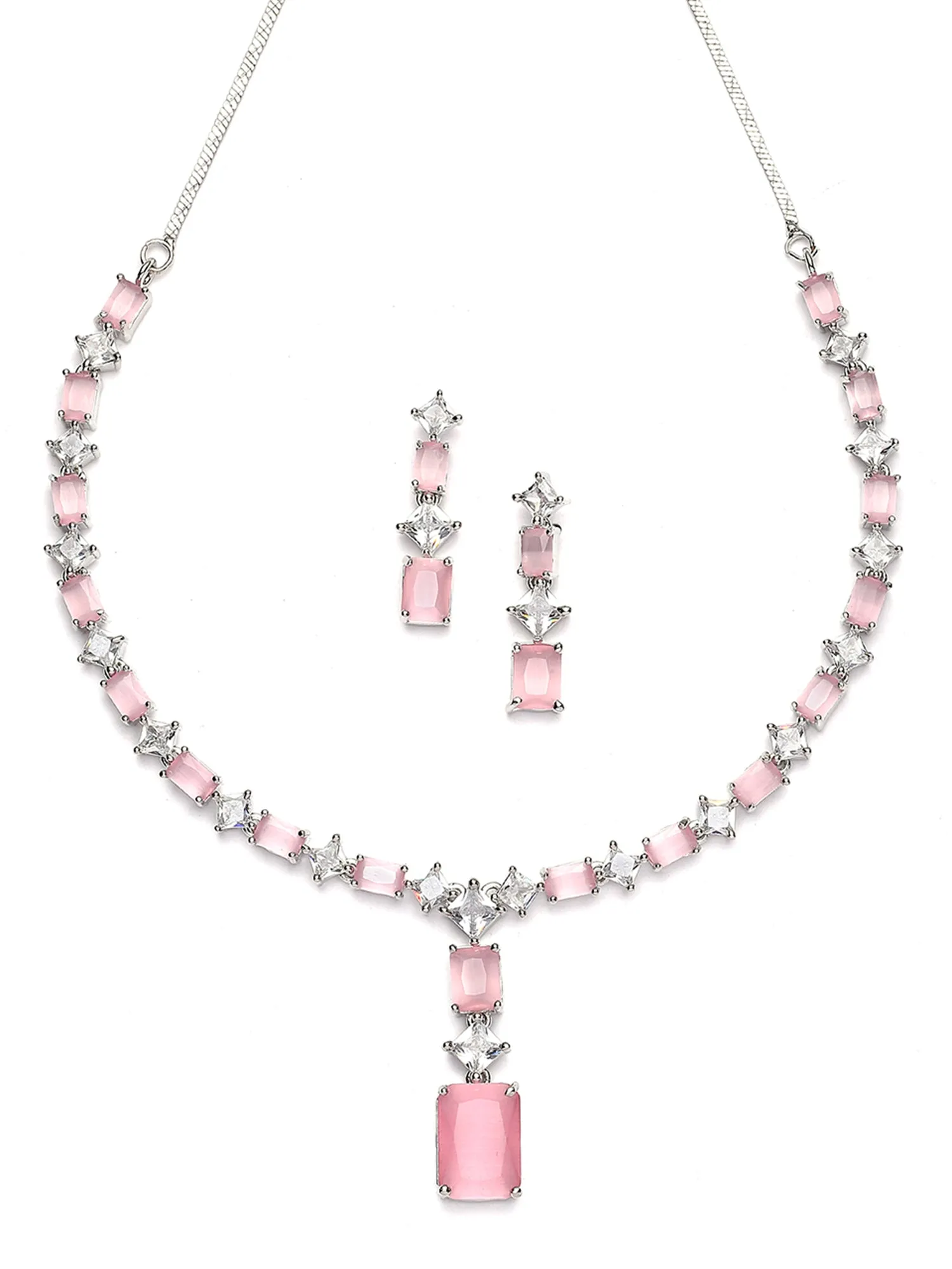 Karatcart Silver Tone Square Pink Cubic Zirconia Necklace Set for Women