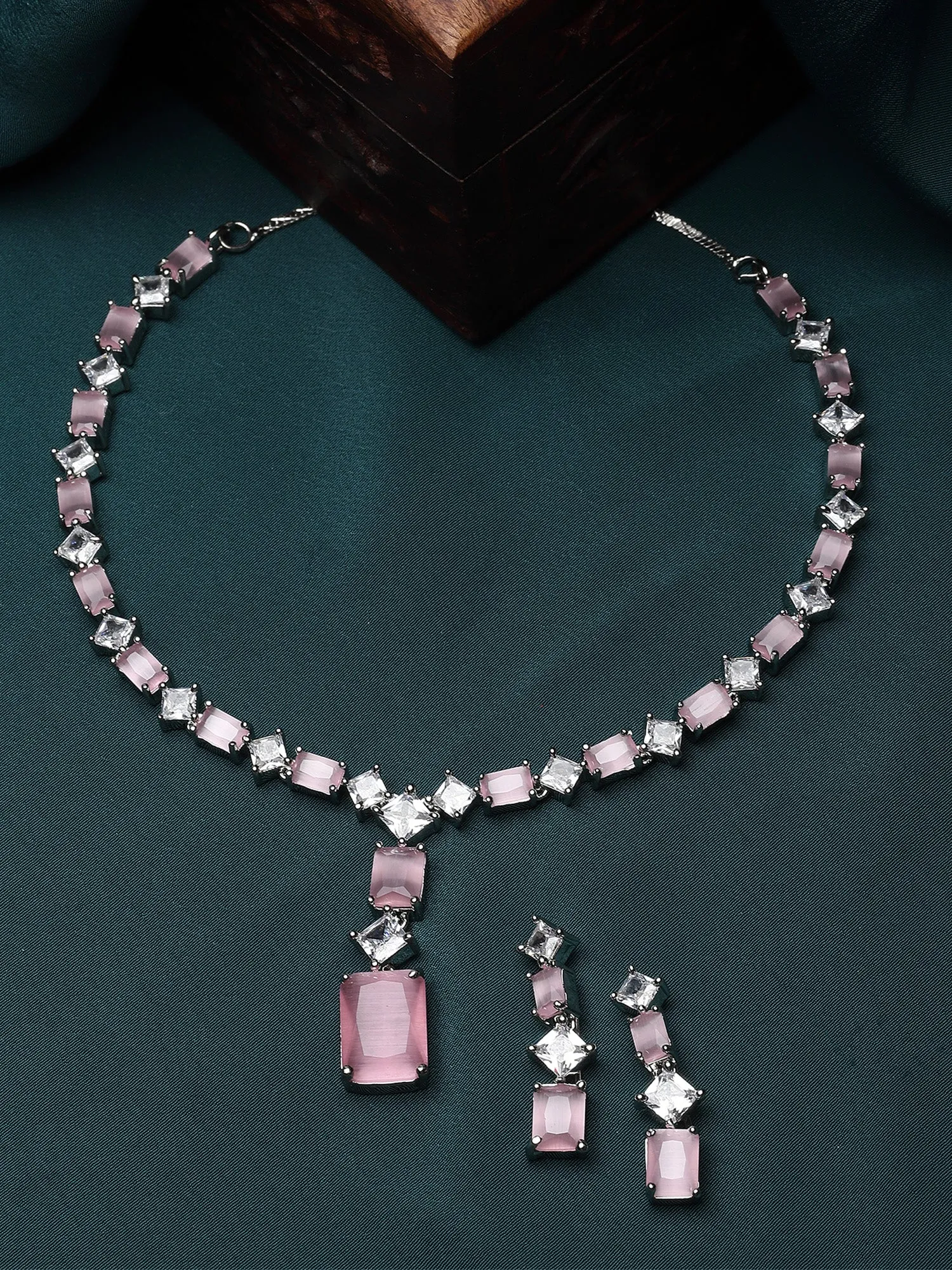 Karatcart Silver Tone Square Pink Cubic Zirconia Necklace Set for Women