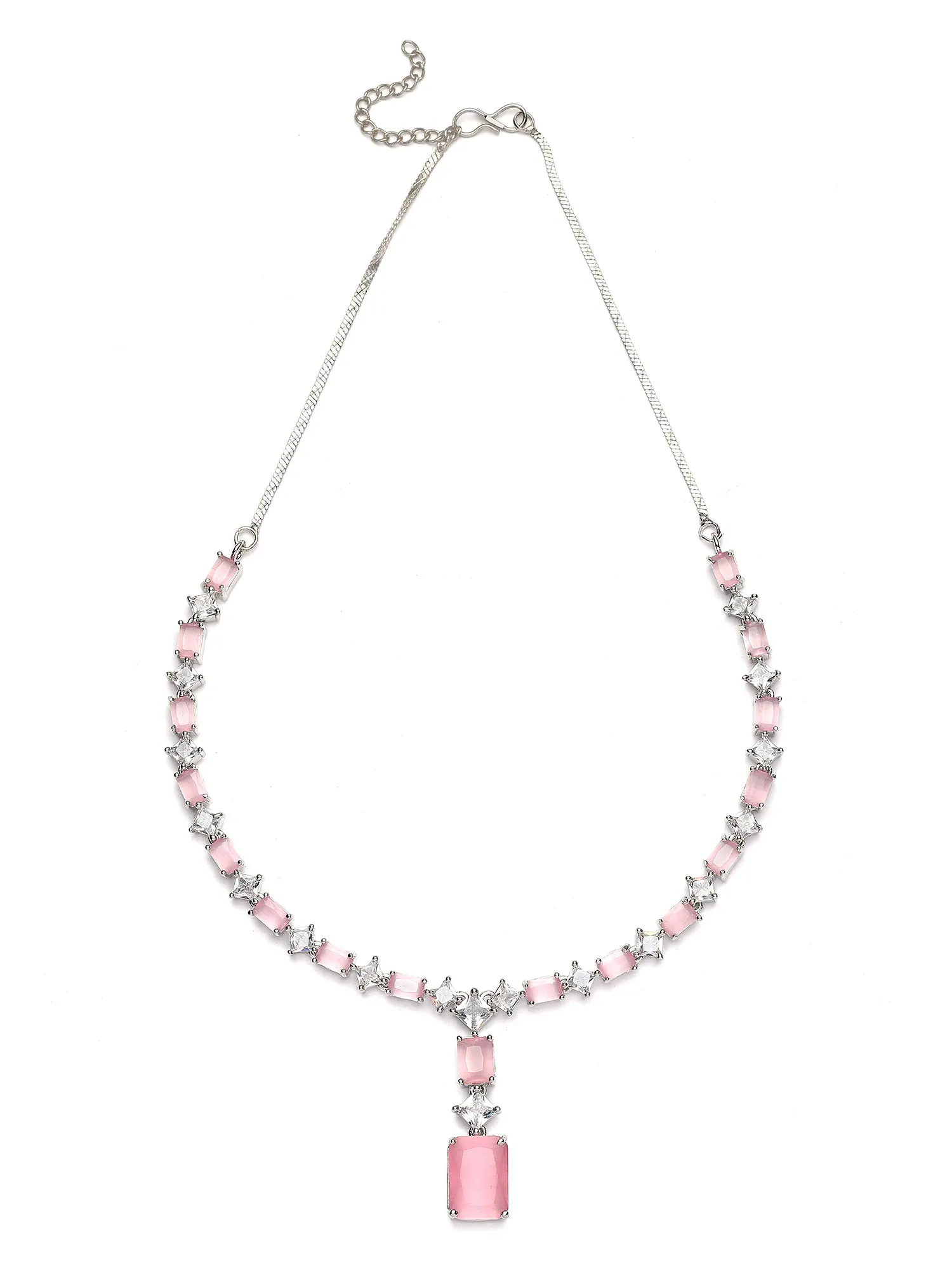 Karatcart Silver Tone Square Pink Cubic Zirconia Necklace Set for Women