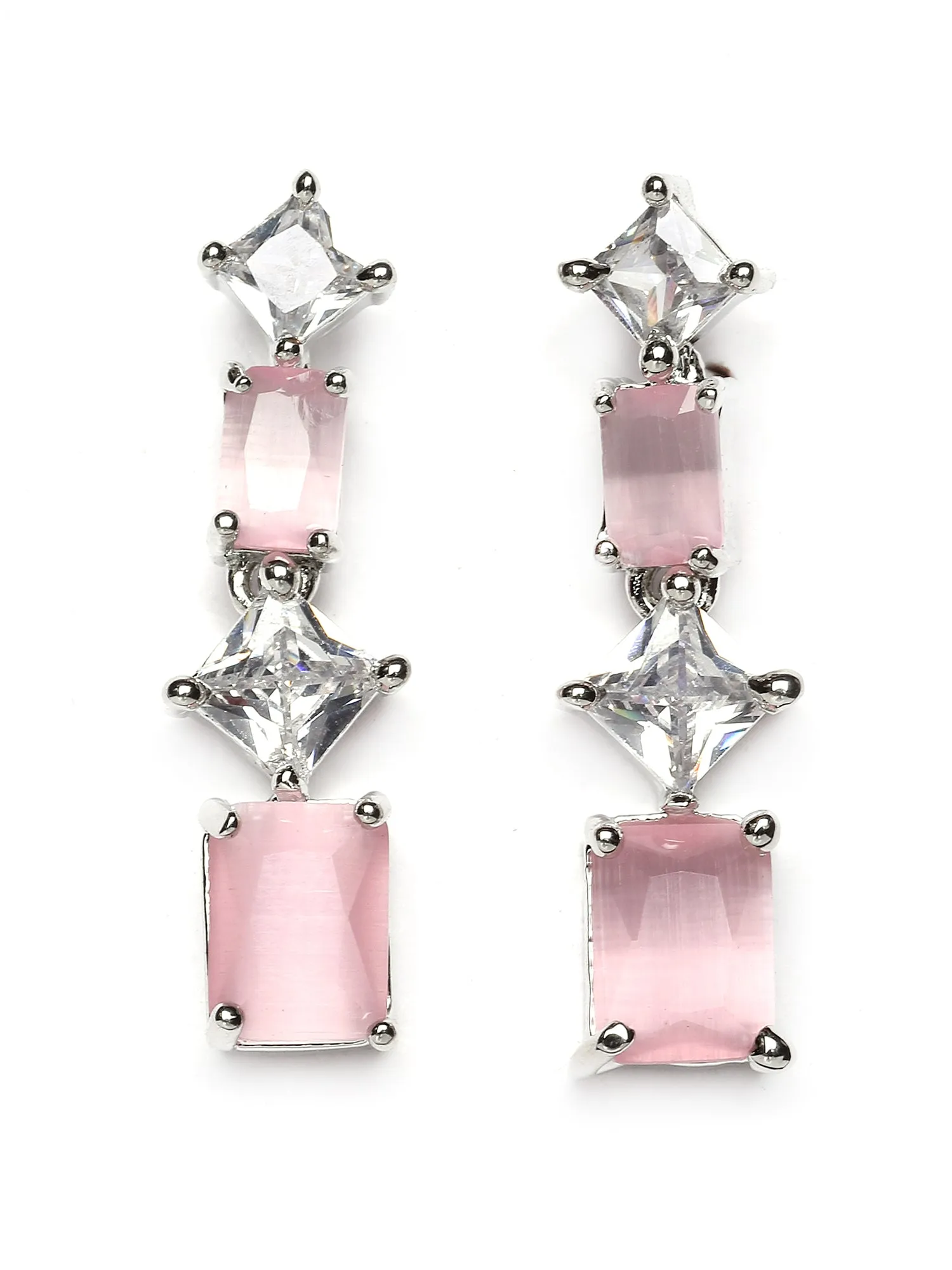 Karatcart Silver Tone Square Pink Cubic Zirconia Necklace Set for Women
