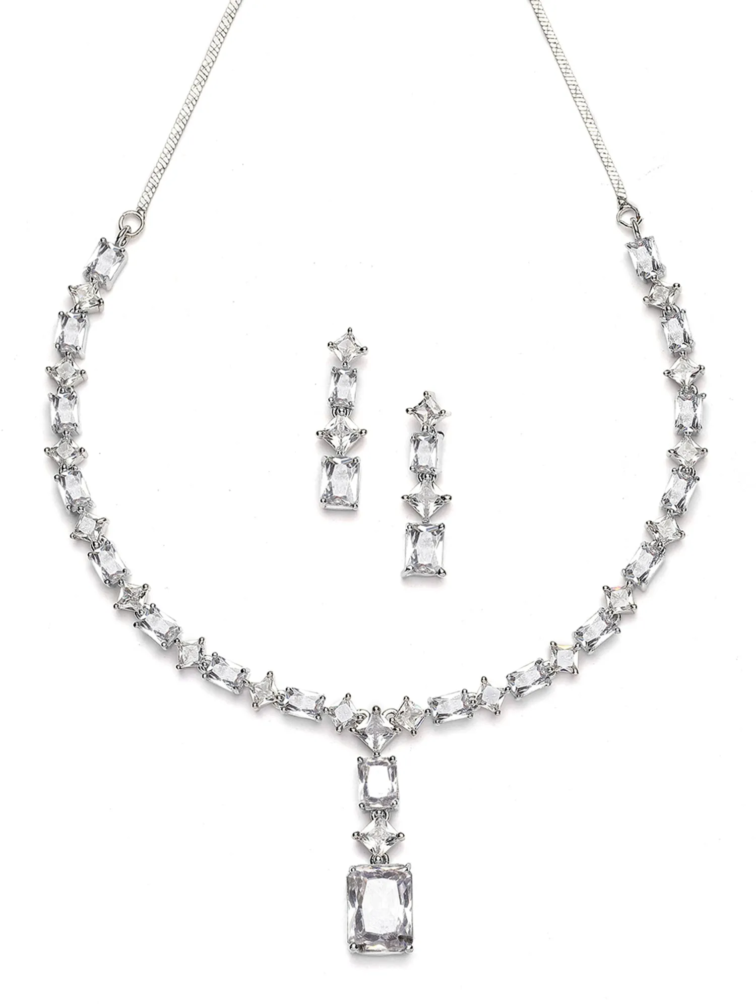 Karatcart Silver Tone Square White Cubic Zirconia Necklace Set for Women