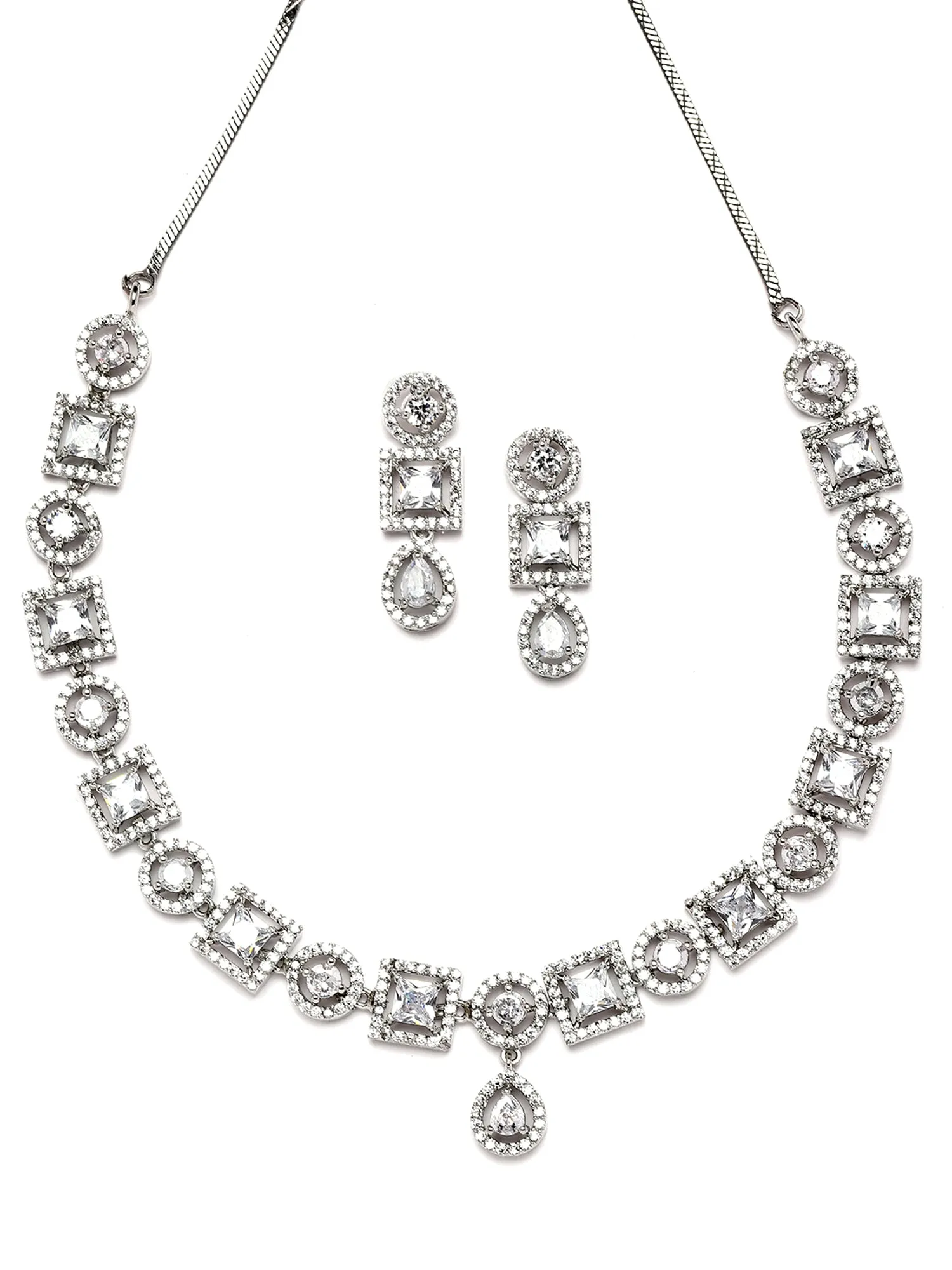 Karatcart Silver Tone White Cubic Zirconia Studded Necklace Set