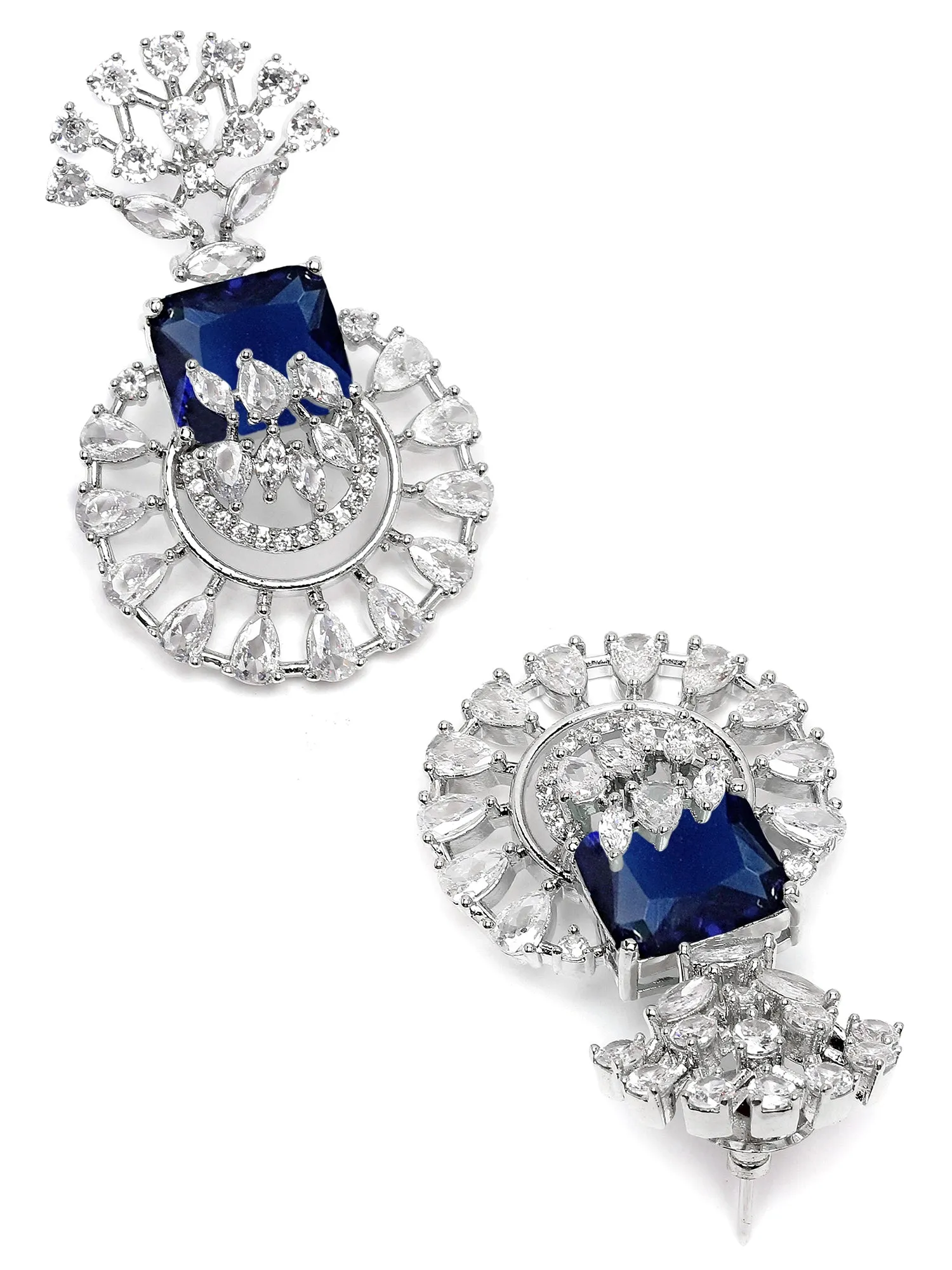 Karatcart Silver Toned Blue Cubic Zirconia Studded Drop Earrings for Women