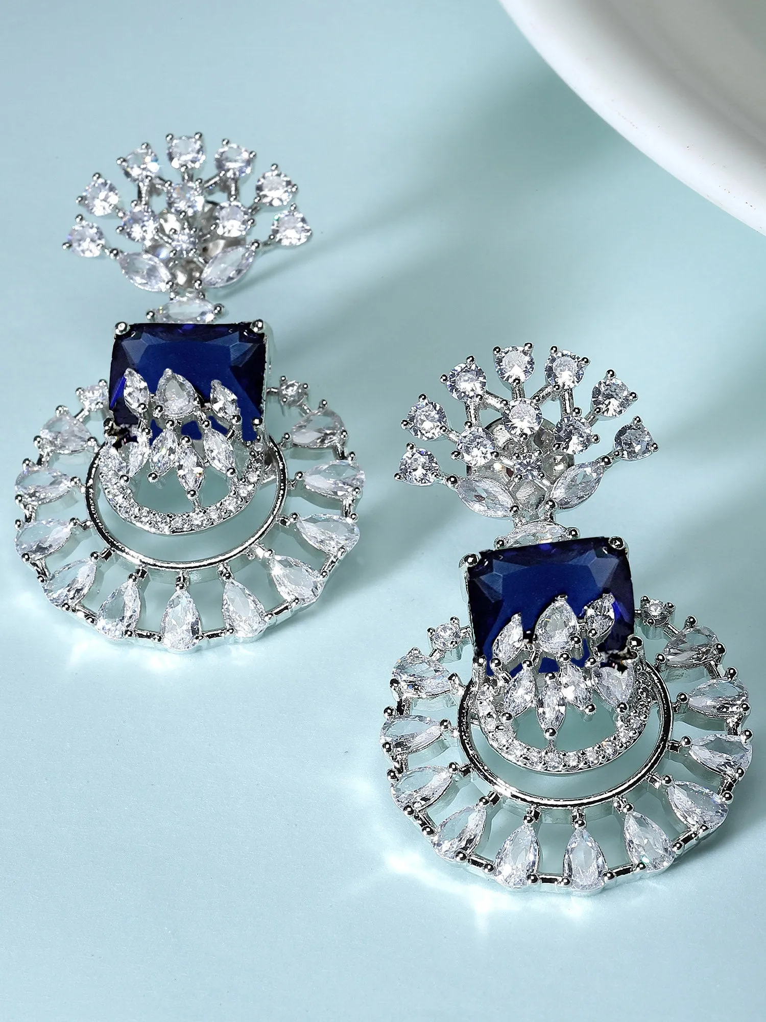Karatcart Silver Toned Blue Cubic Zirconia Studded Drop Earrings for Women