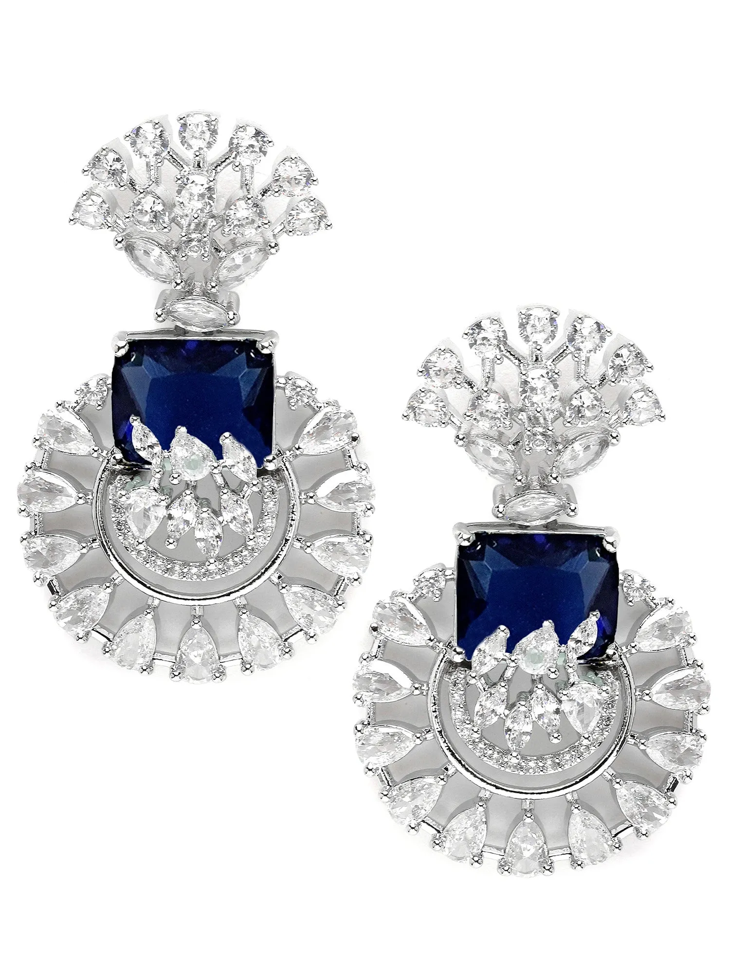Karatcart Silver Toned Blue Cubic Zirconia Studded Drop Earrings for Women