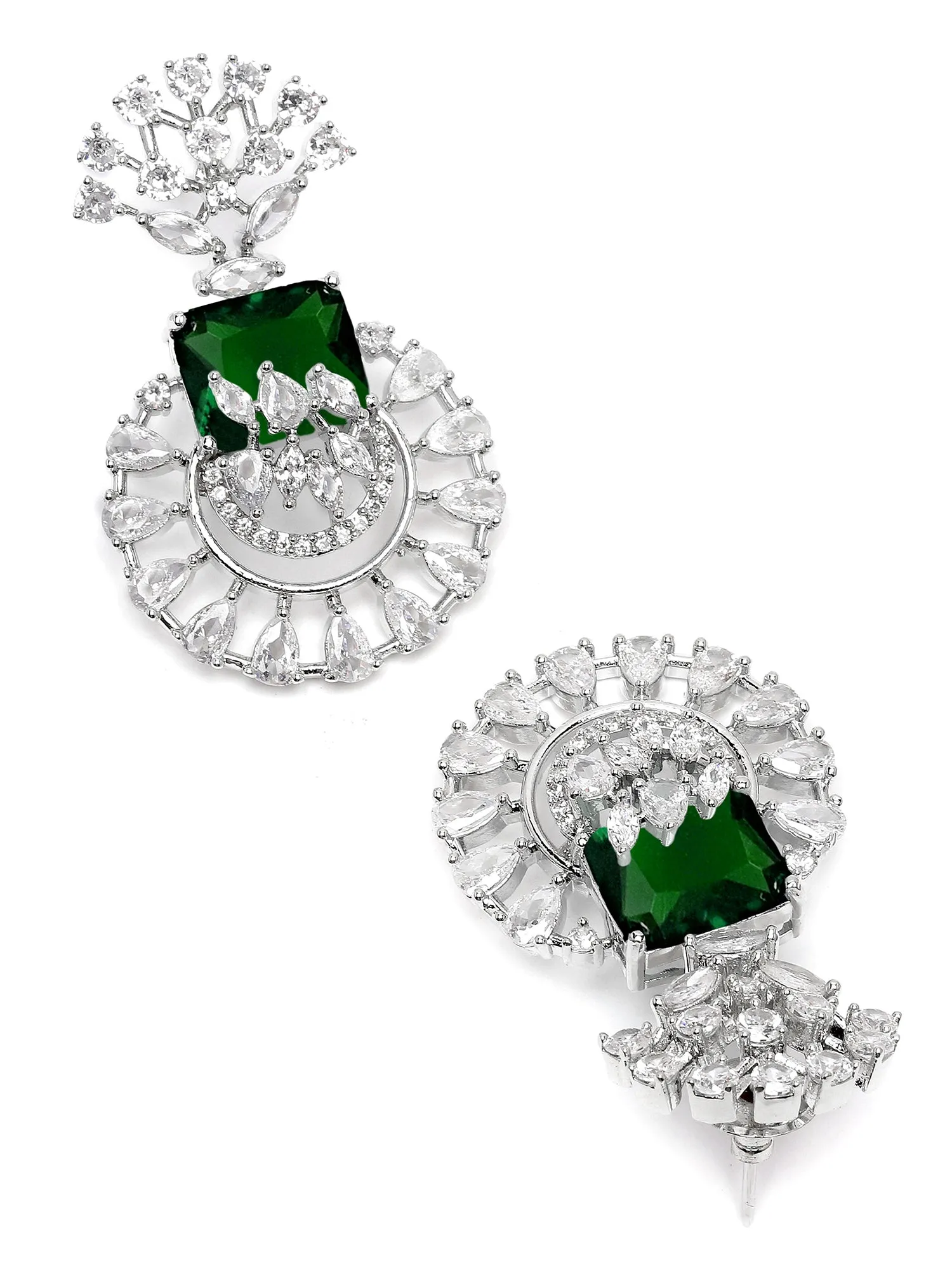 Karatcart Silver Toned Green Cubic Zirconia Studded Drop Earrings for Women