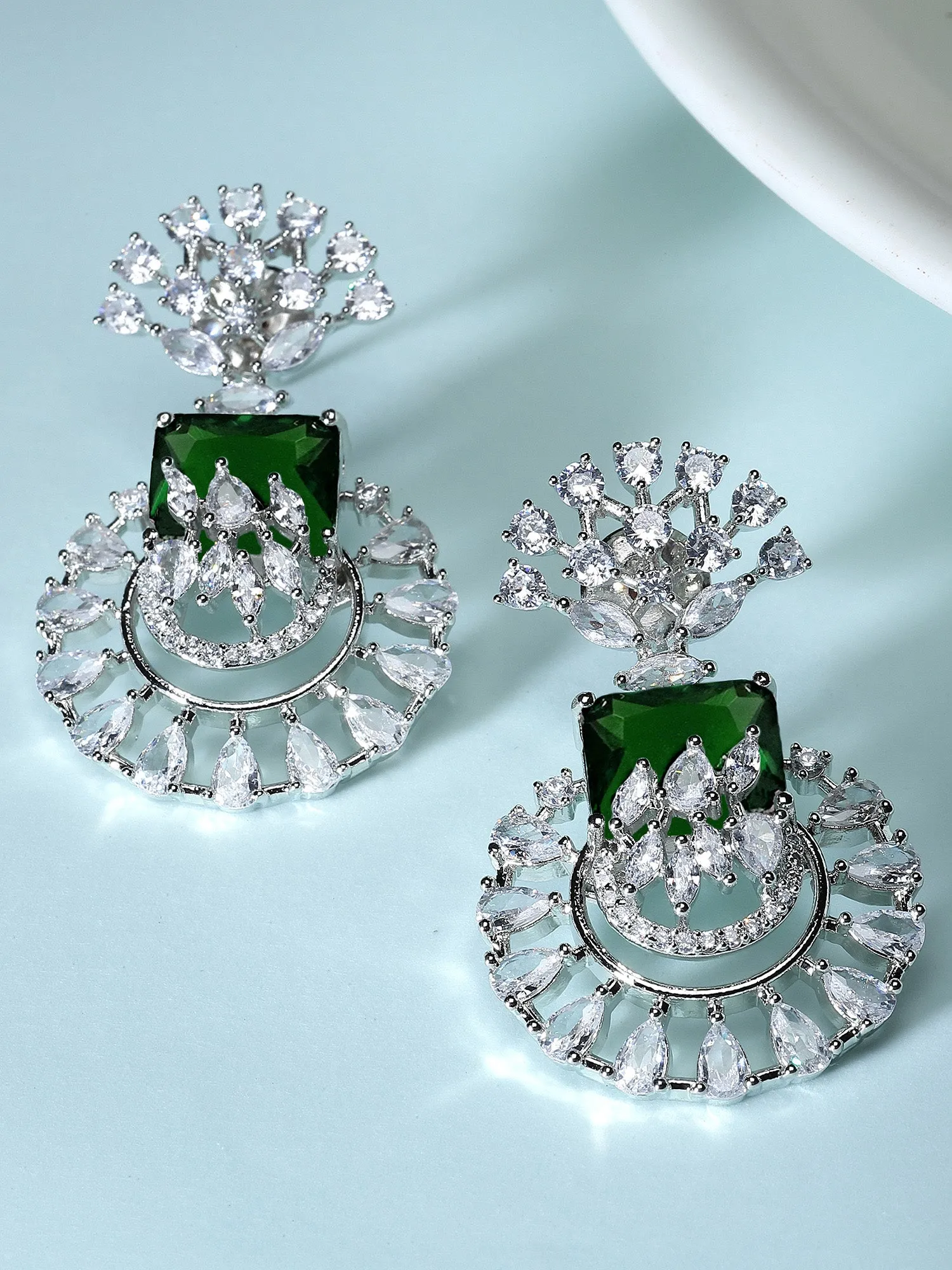 Karatcart Silver Toned Green Cubic Zirconia Studded Drop Earrings for Women