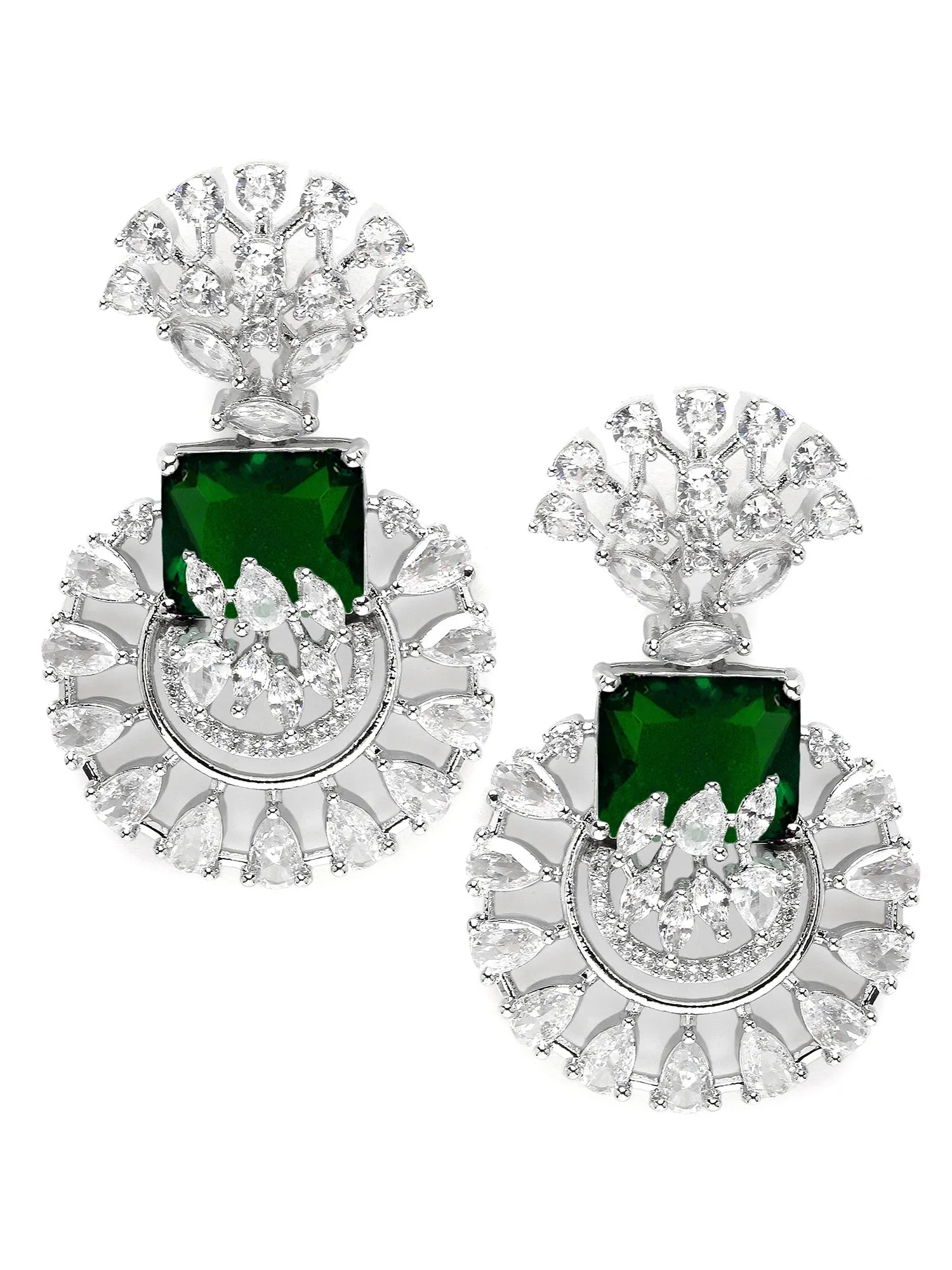Karatcart Silver Toned Green Cubic Zirconia Studded Drop Earrings for Women