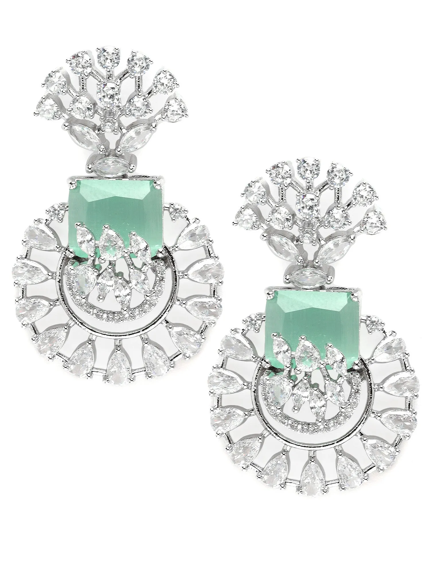 Karatcart Silver Toned Lime-Green Cubic Zirconia Studded Drop Earrings for Women