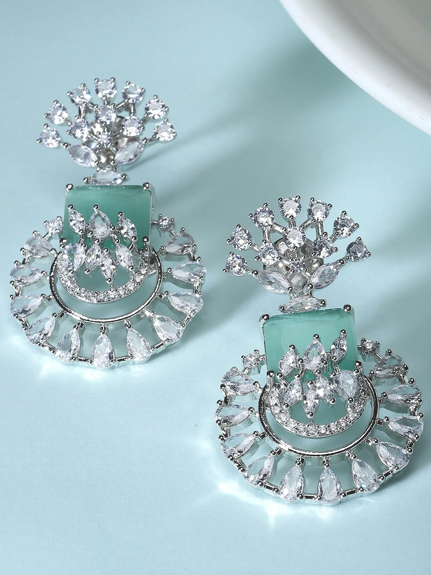 Karatcart Silver Toned Lime-Green Cubic Zirconia Studded Drop Earrings for Women