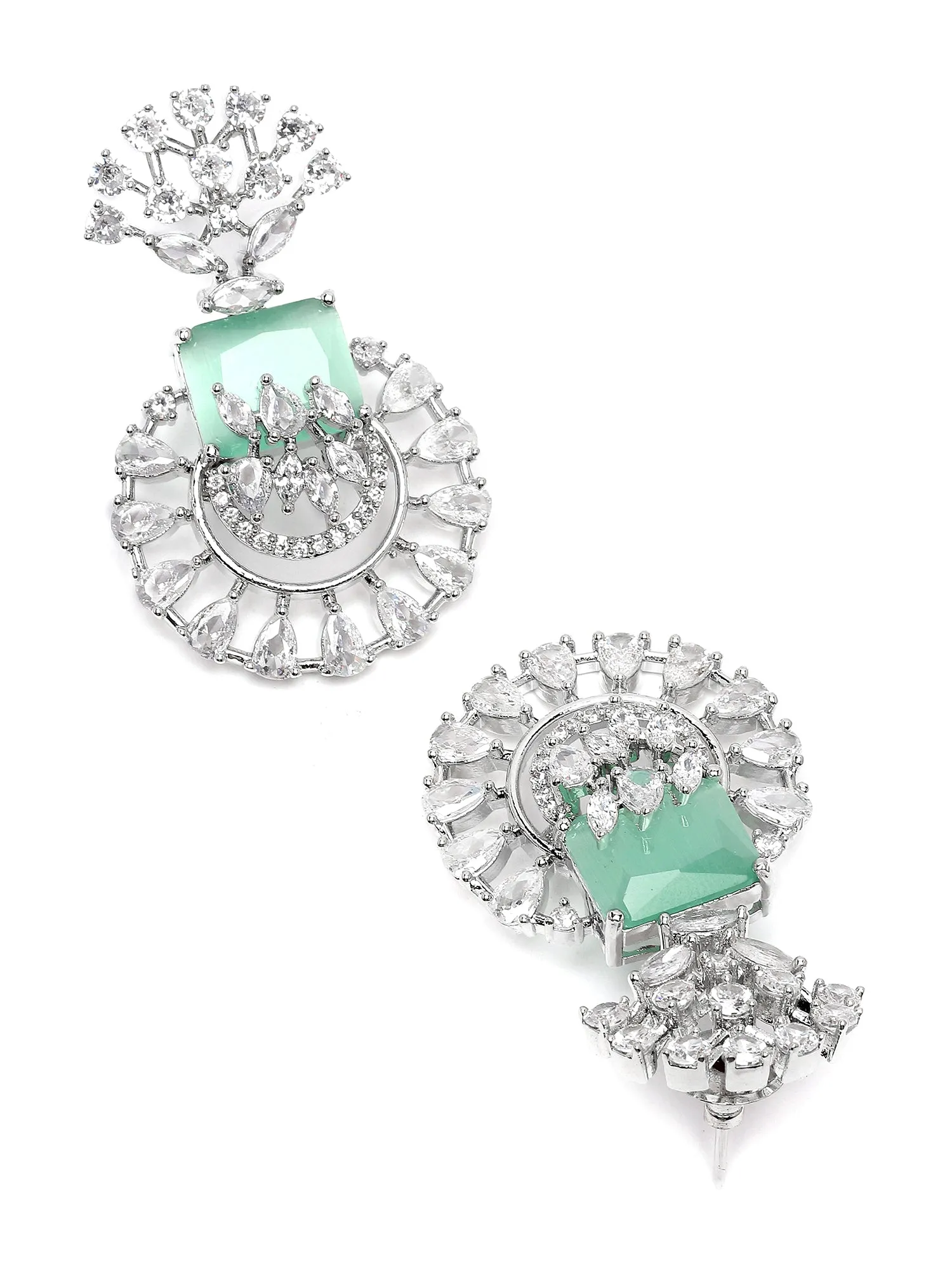 Karatcart Silver Toned Lime-Green Cubic Zirconia Studded Drop Earrings for Women