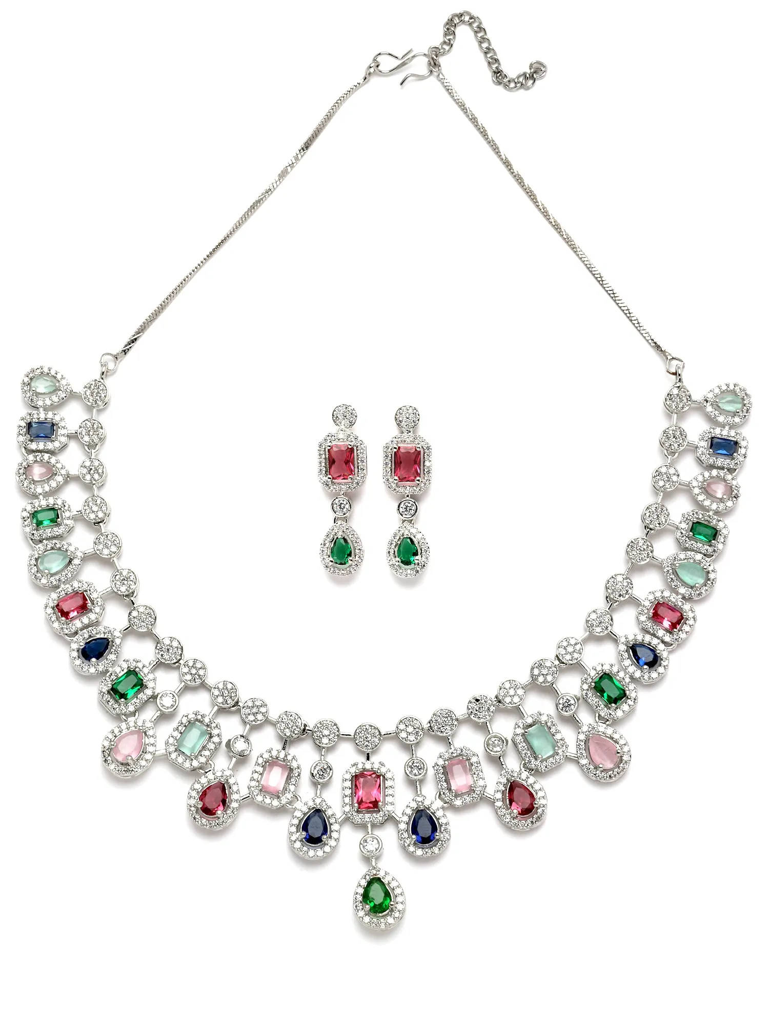 Karatcart Silver Toned Multicolor American Diamond and CZ Studded Jewellery Set for Women