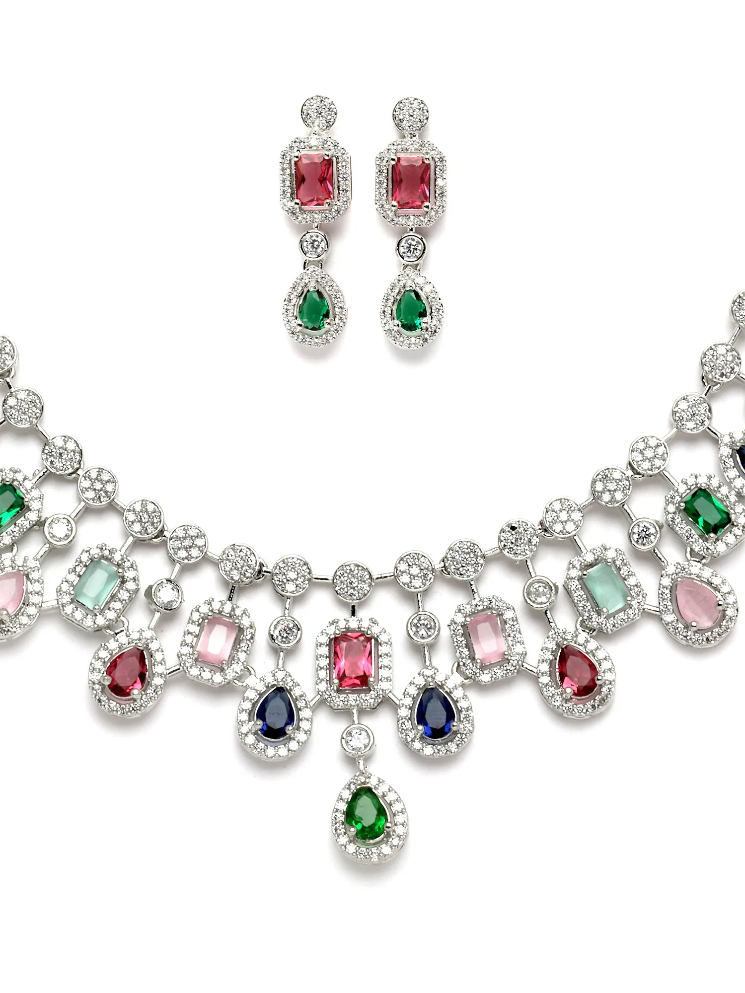 Karatcart Silver Toned Multicolor American Diamond and CZ Studded Jewellery Set for Women