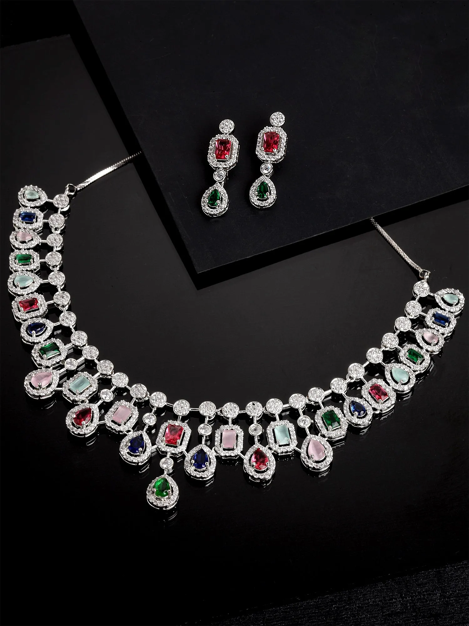 Karatcart Silver Toned Multicolor American Diamond and CZ Studded Jewellery Set for Women