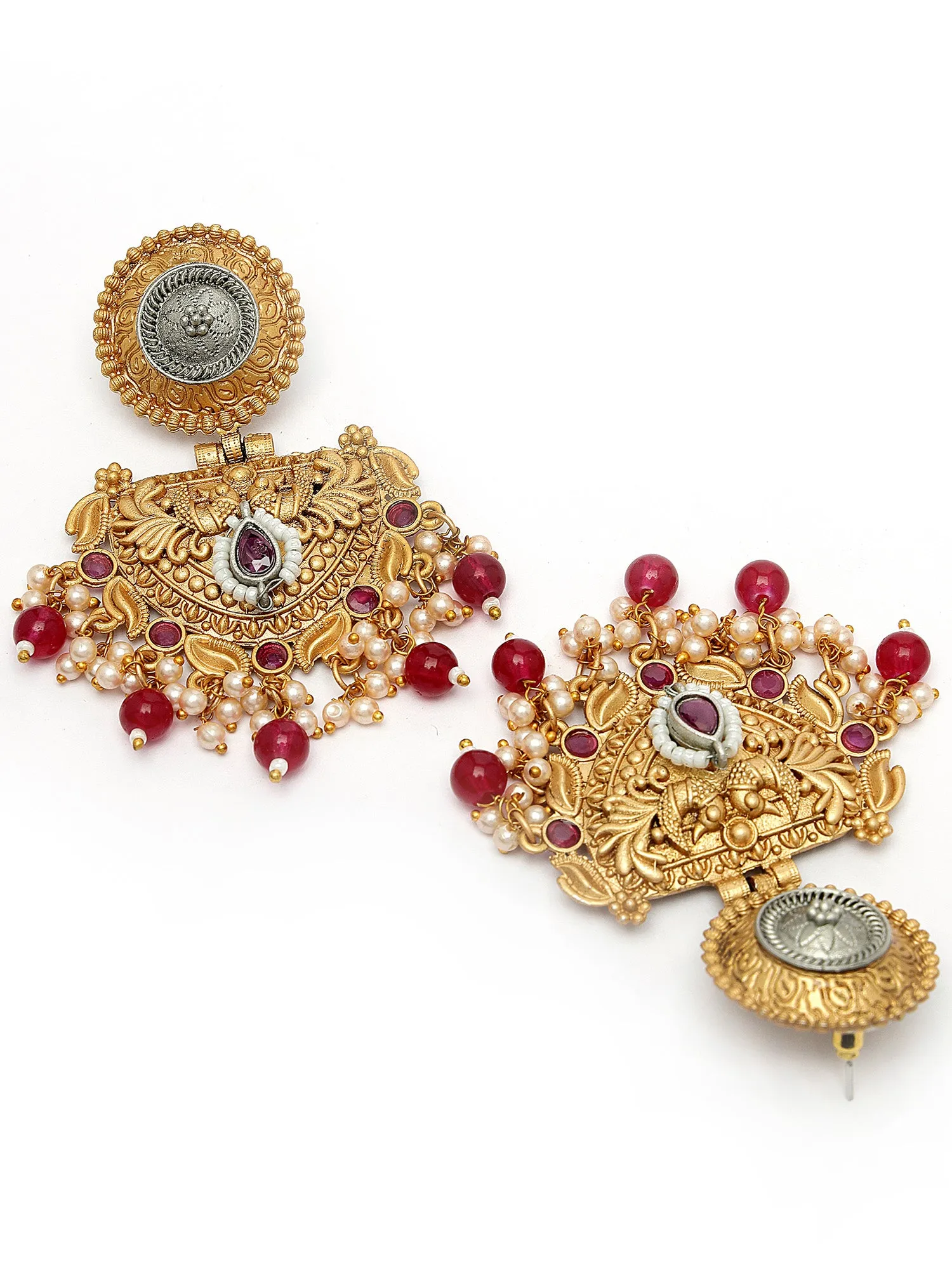 Karatcart Traditional Gold Plated Red Beads Peacock Design Kundan Dangler Earrings for Women