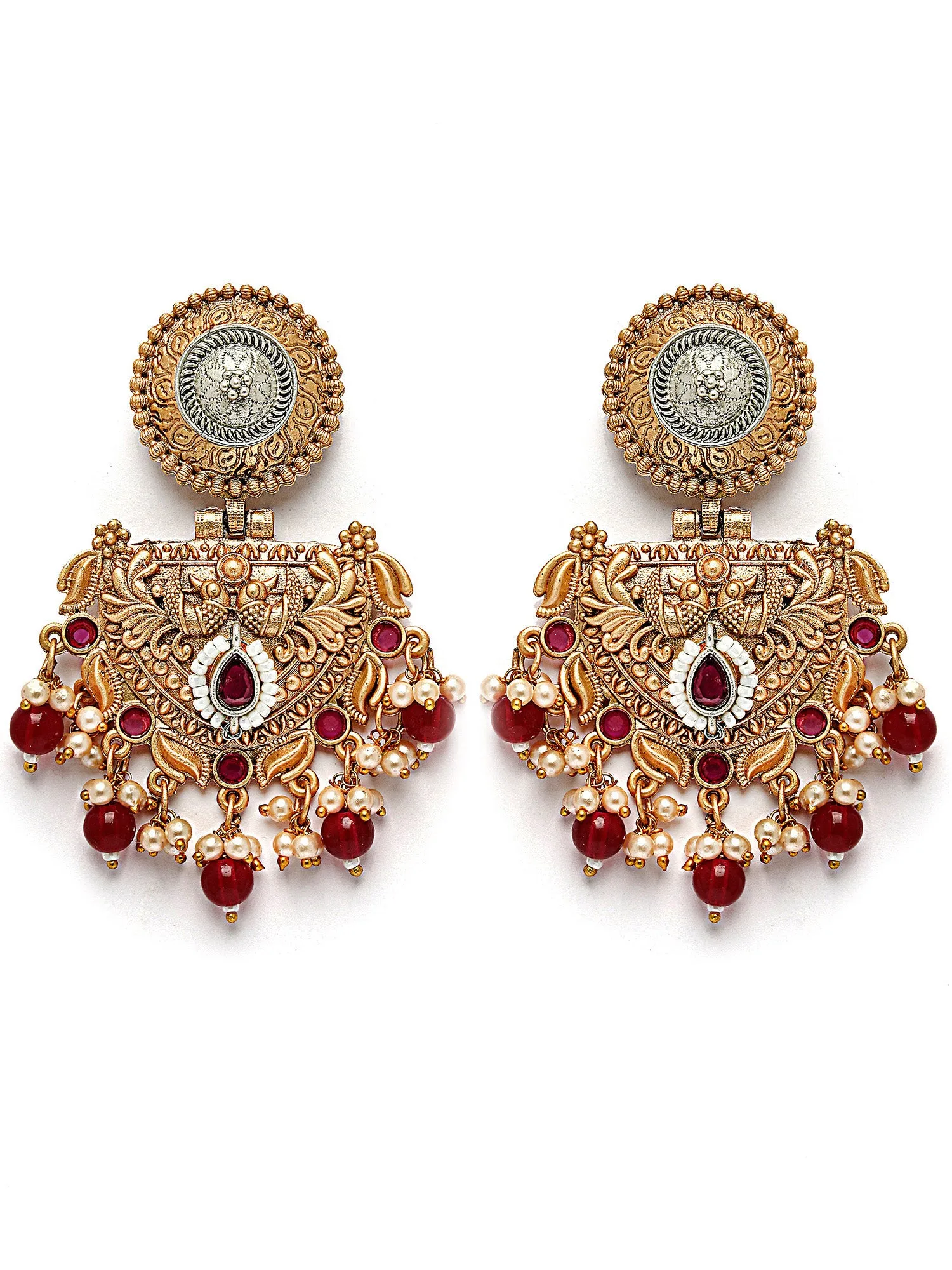 Karatcart Traditional Gold Plated Red Beads Peacock Design Kundan Dangler Earrings for Women