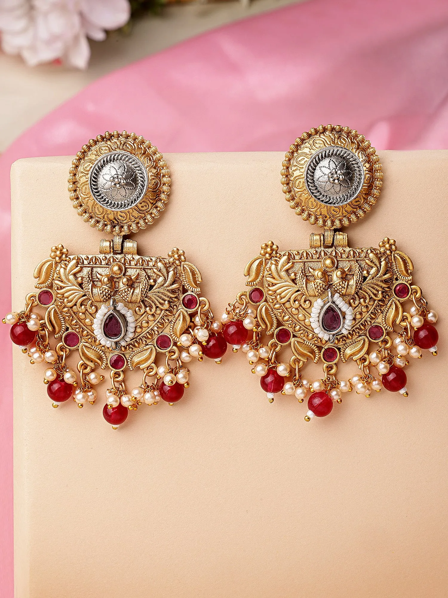 Karatcart Traditional Gold Plated Red Beads Peacock Design Kundan Dangler Earrings for Women