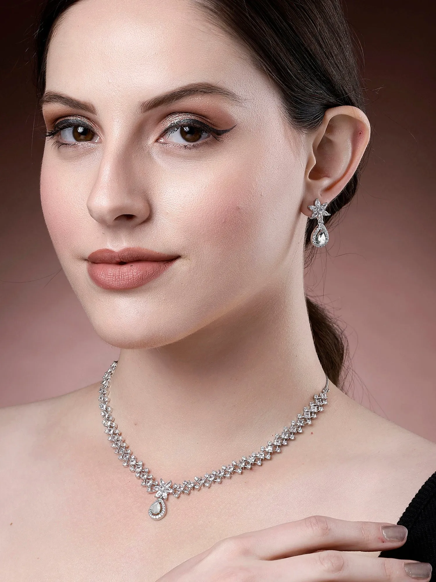 Karatcart White Cubic Zirconia Studded Light Weight Jewellery Set for Women