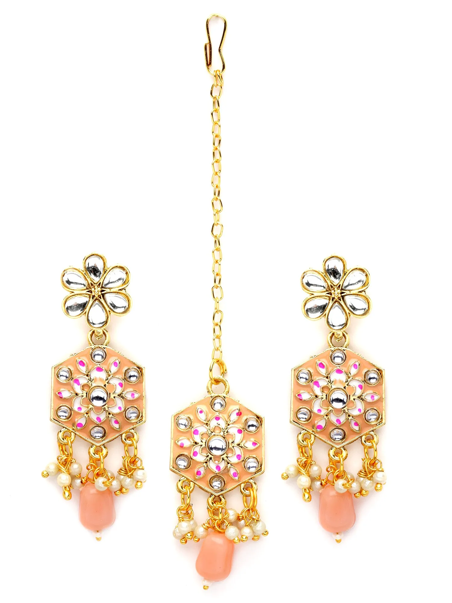 Karatcart Women Gold Plated Peach Meena And Tumble Studded Kundan Necklace Set