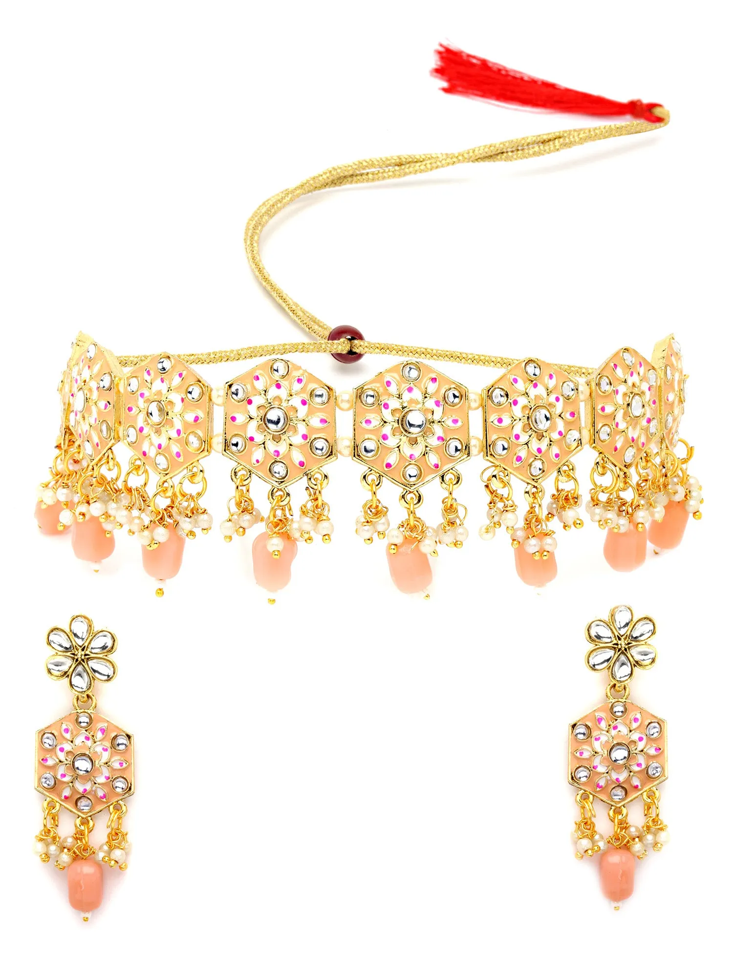 Karatcart Women Gold Plated Peach Meena And Tumble Studded Kundan Necklace Set